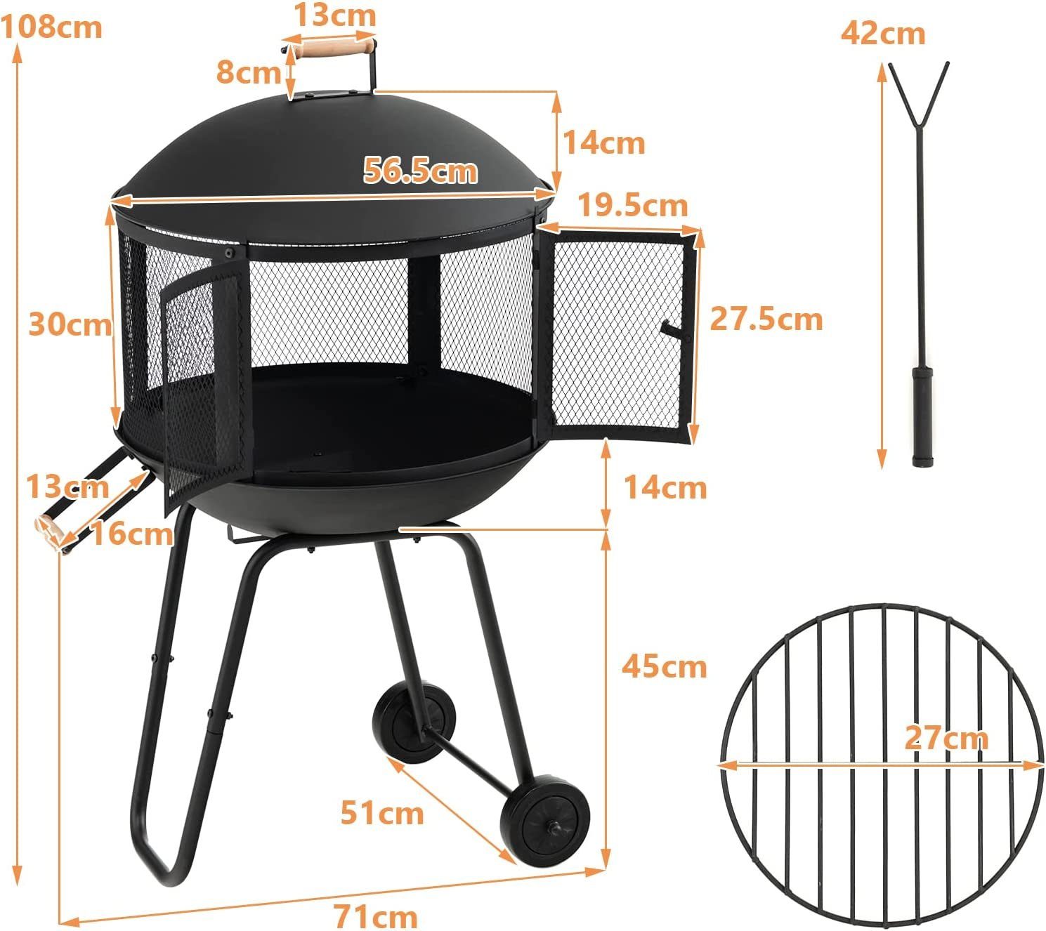 mit Funkenschutz, Terrassenkamin, KOMFOTTEU rollbarer Feuerstelle 108x56cm