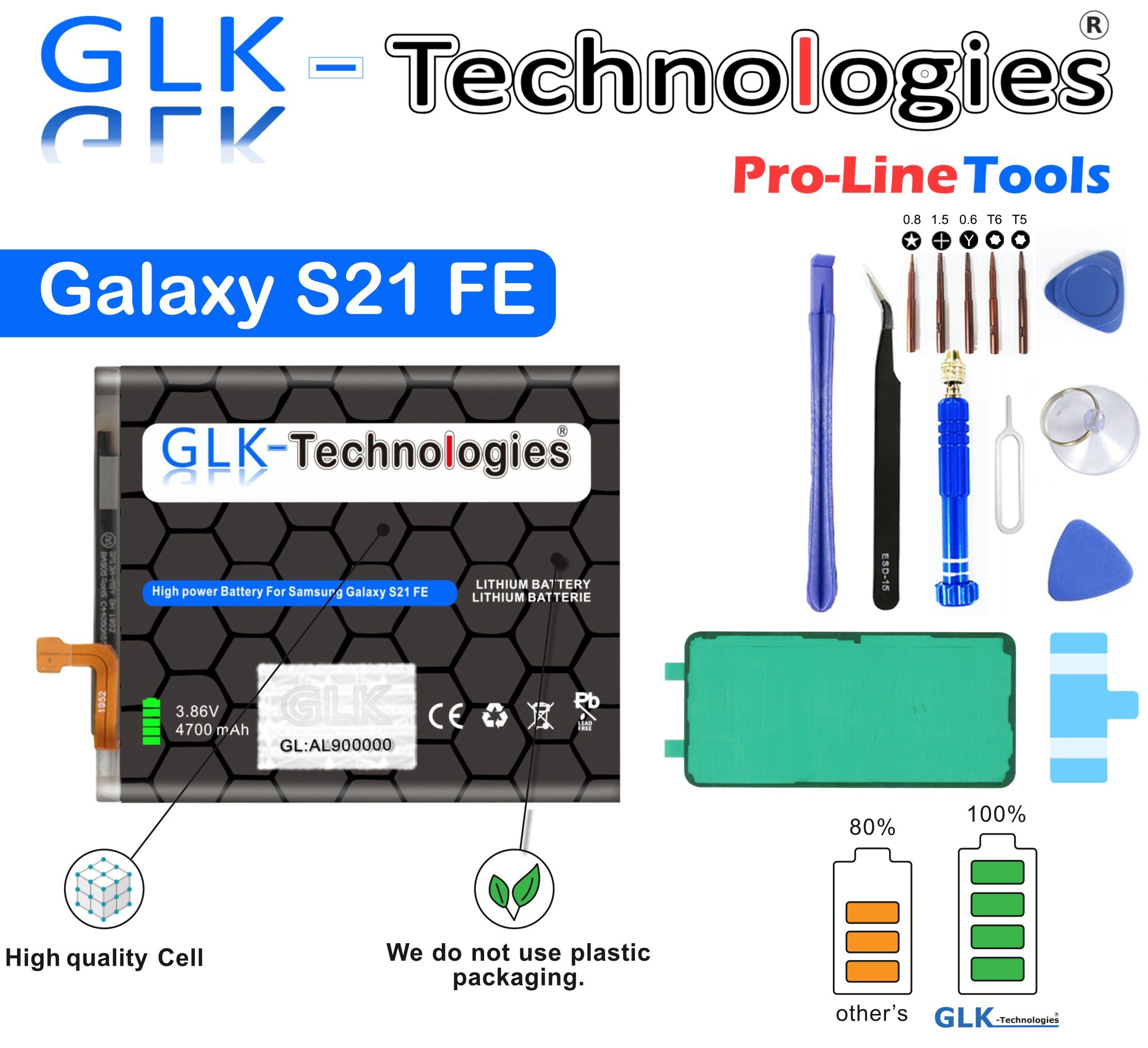 GLK-Technologies Samsung Galaxy S21 FE 5G SM-G990 EB-BG990ABY Handy-Akku Inklusive Profi Werkzeug Set 4700 mAh