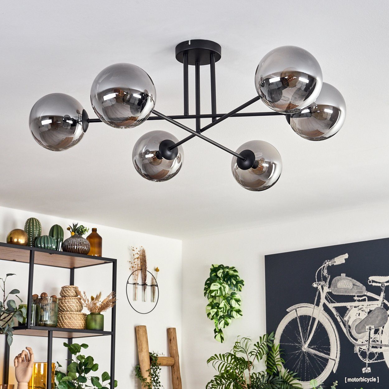 hofstein Deckenleuchte Deckenlampe aus Metall/Glas in Schwarz/Rauchfarben, ohne Leuchtmittel, moderne Leuchte mit Glasschirmen (15 cm), 6 x E14, ohne Leuchtmitt – Bild 2 von 5