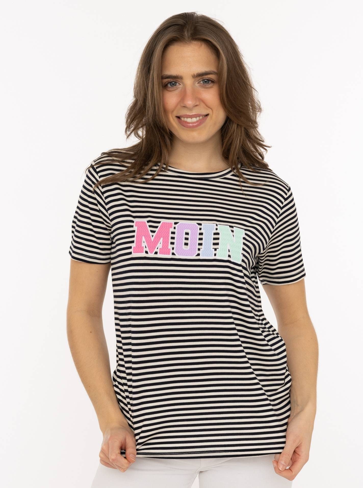 Zwillingsherz T-Shirt "Anker Moin" gestreift, gestickter Schriftzug, maritim, Rundhals