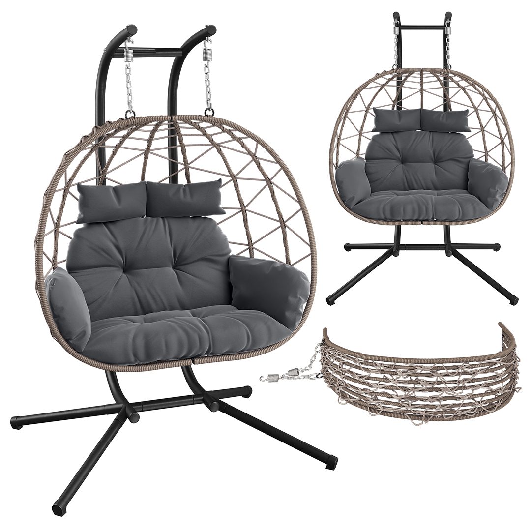 STEELSØN Hängesessel Alarian höhenverstellbar und faltbar (grau-meliert/schwarz, 2-Sitzer inkl. Sitzkissen, bis 220 kg belastbar), mit XXL Korbsitz für indoor & outdoor, aus Polyrattan