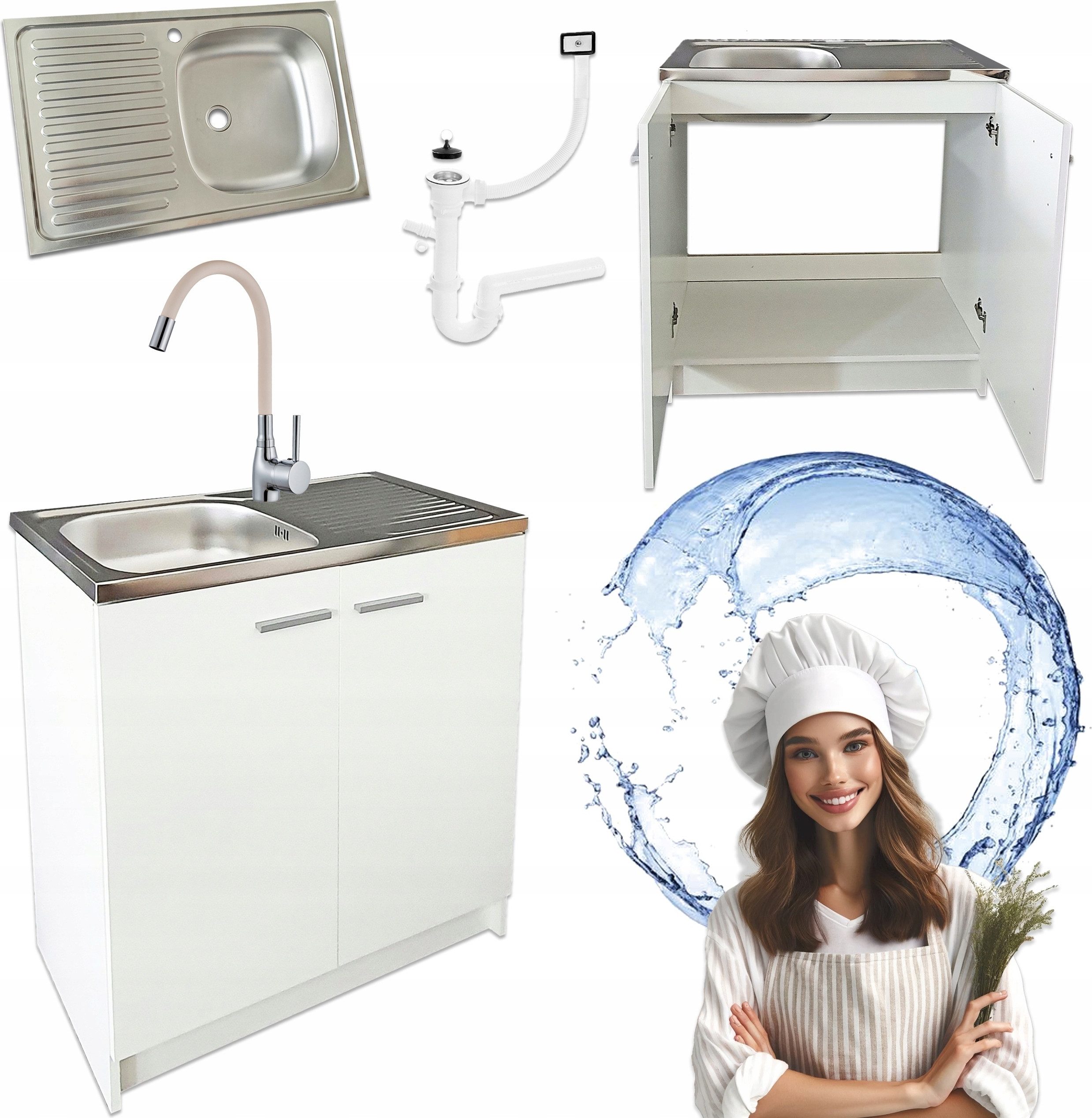 STAMAR Spülenschrank Küchenschrank 80cm Weiß Spüle Abtropf Armatur Creme Elastisch XXL Standschrank 46cm Tiefe Siphon Geschirrspüler Komplett Montagefertig