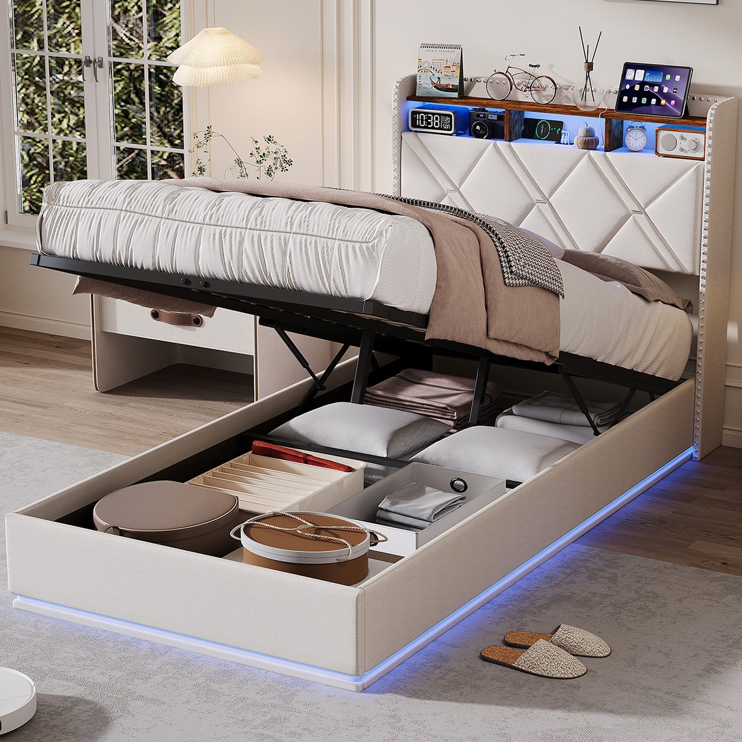 ADWOLT Polsterbett Doppelbett Stauraumbett Mit LED-Licht und USB+Typ-C Anschluss (Jugendbett), 90x200 cm, Bettgestell mit Gasfederunterstützung Leinenstoff - Beige