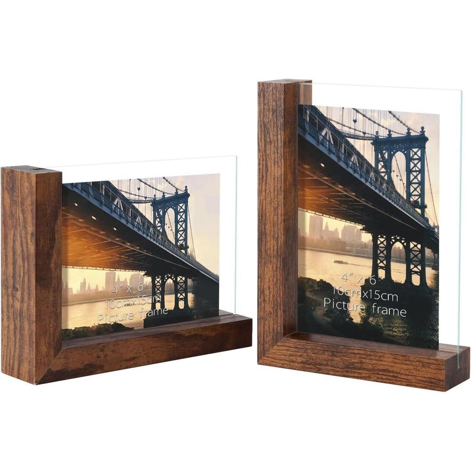 LuxusKollektion Bilderrahmen Bilderrahmen 2er Set Glas doppelseitig MDF Sockel Tisch Braun 10x15 cm, (2 St)