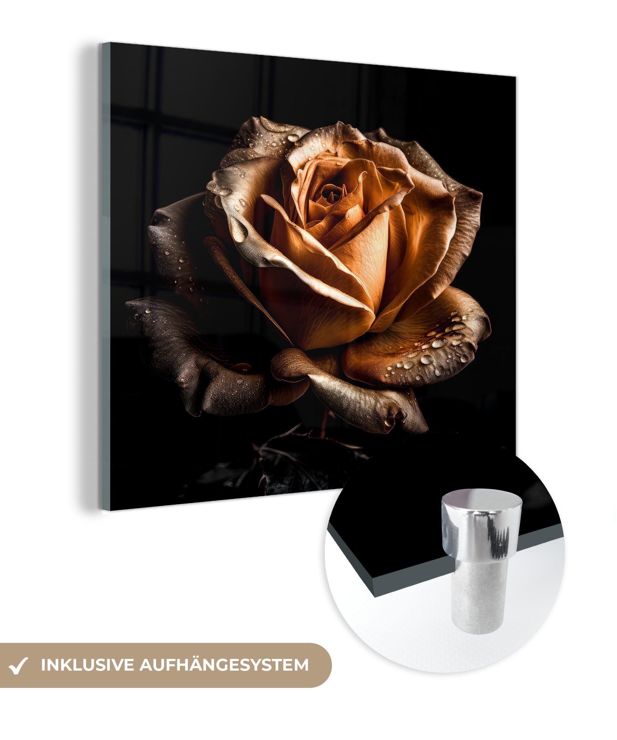 MuchoWow Acrylglasbild Rose - Gold - Blumen - Botanisch Schwarz, (1 St), Glasbilder - Bilder auf Glas Wandbild - Foto auf Glas - Wanddekoration | Bilder