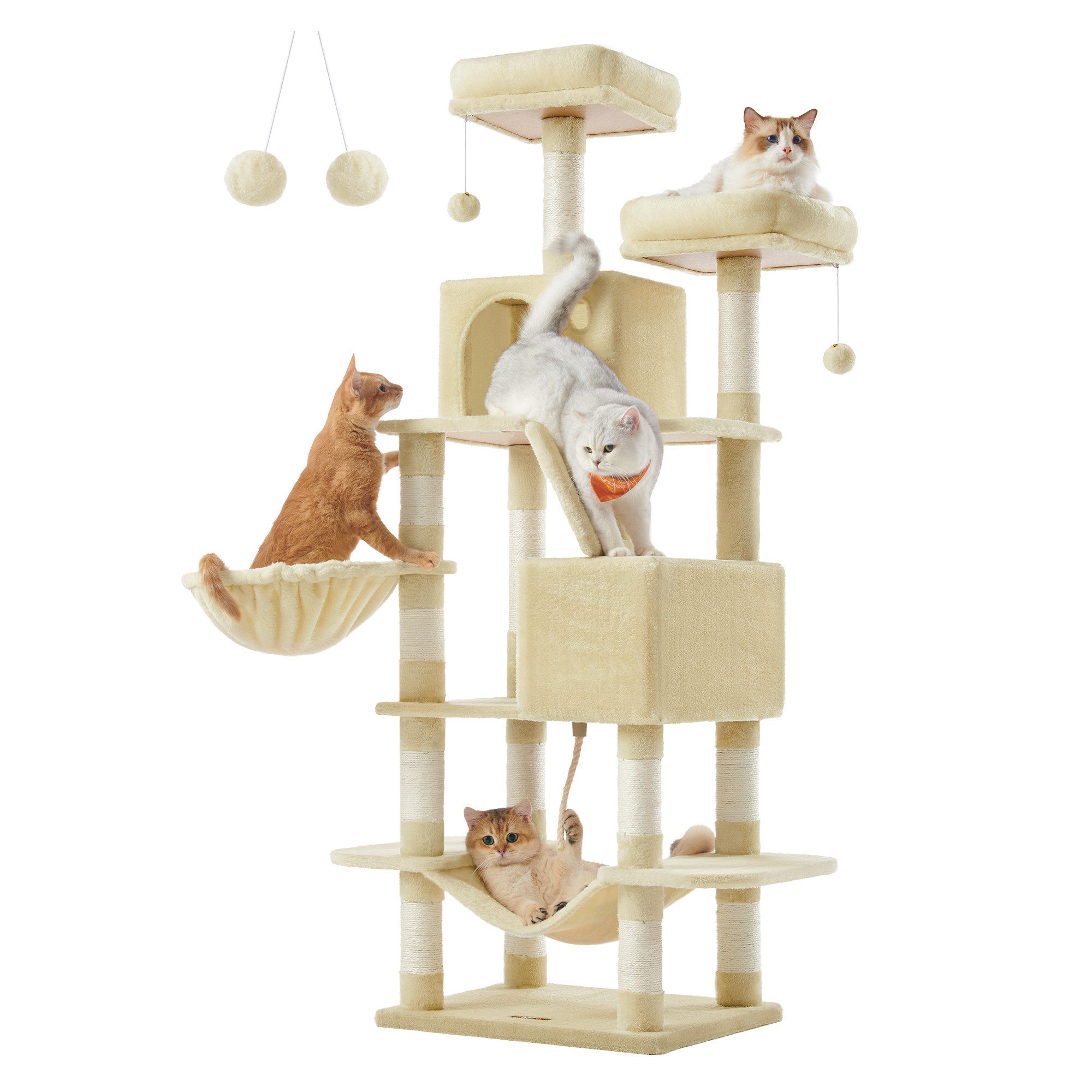 FEANDREA Kratzbaum, Katzenbaum, 168/206 cm(H), mehrstöckig für große Katzen, Kippschutz