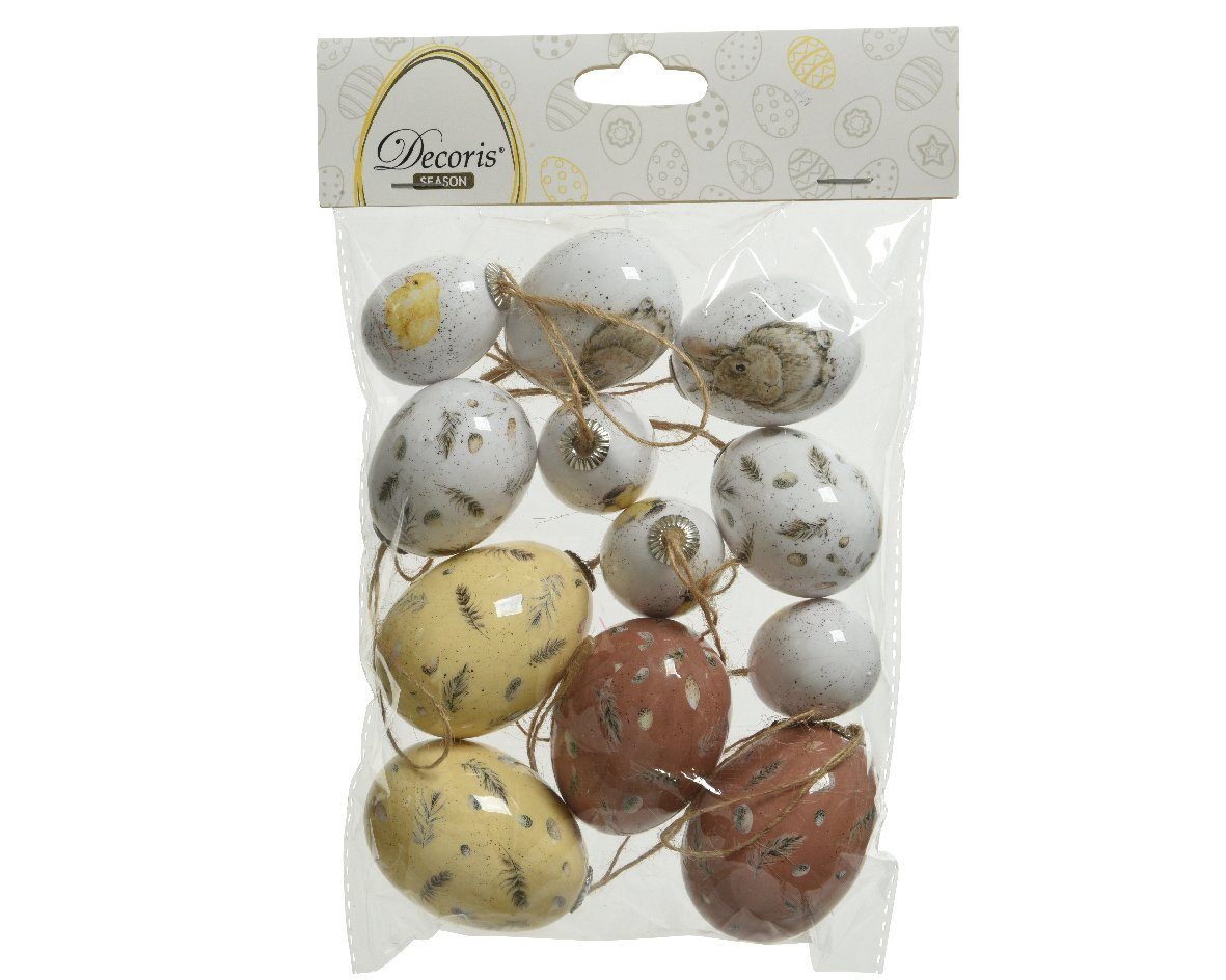 Decoris season decorations Osterei, Ostereier zum Aufhängen mit Federn und Tiere Motiv 4-6cm Mix 12 Stück