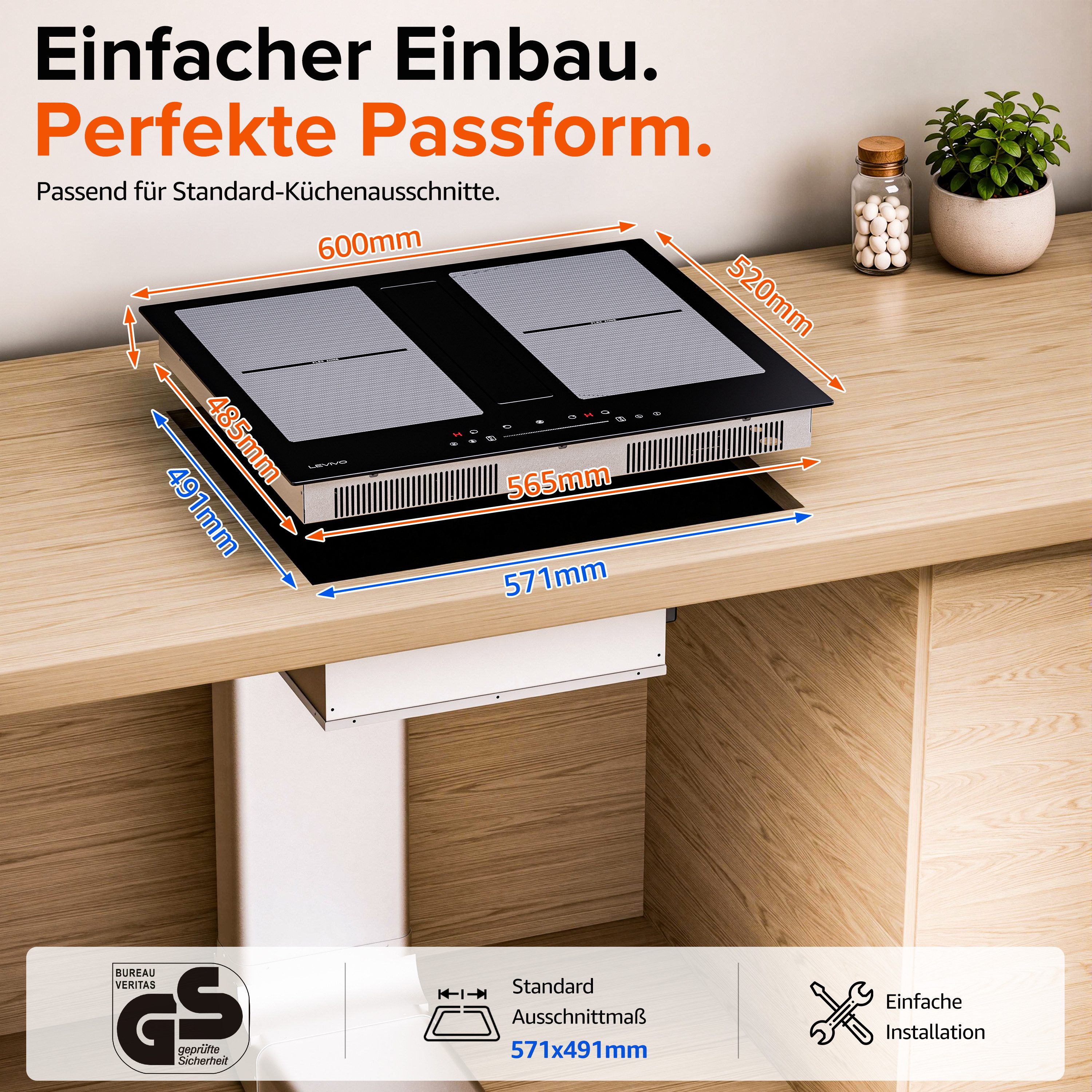 Levivo Induktions-Kochfeld Induktionskochfeld 60 cm mit 531 m³/h Dunstabzug, 9 Stufen & Booster, Touch-Control, Timer, Bridge Funktion, 7270 W – Bild 5 von 5