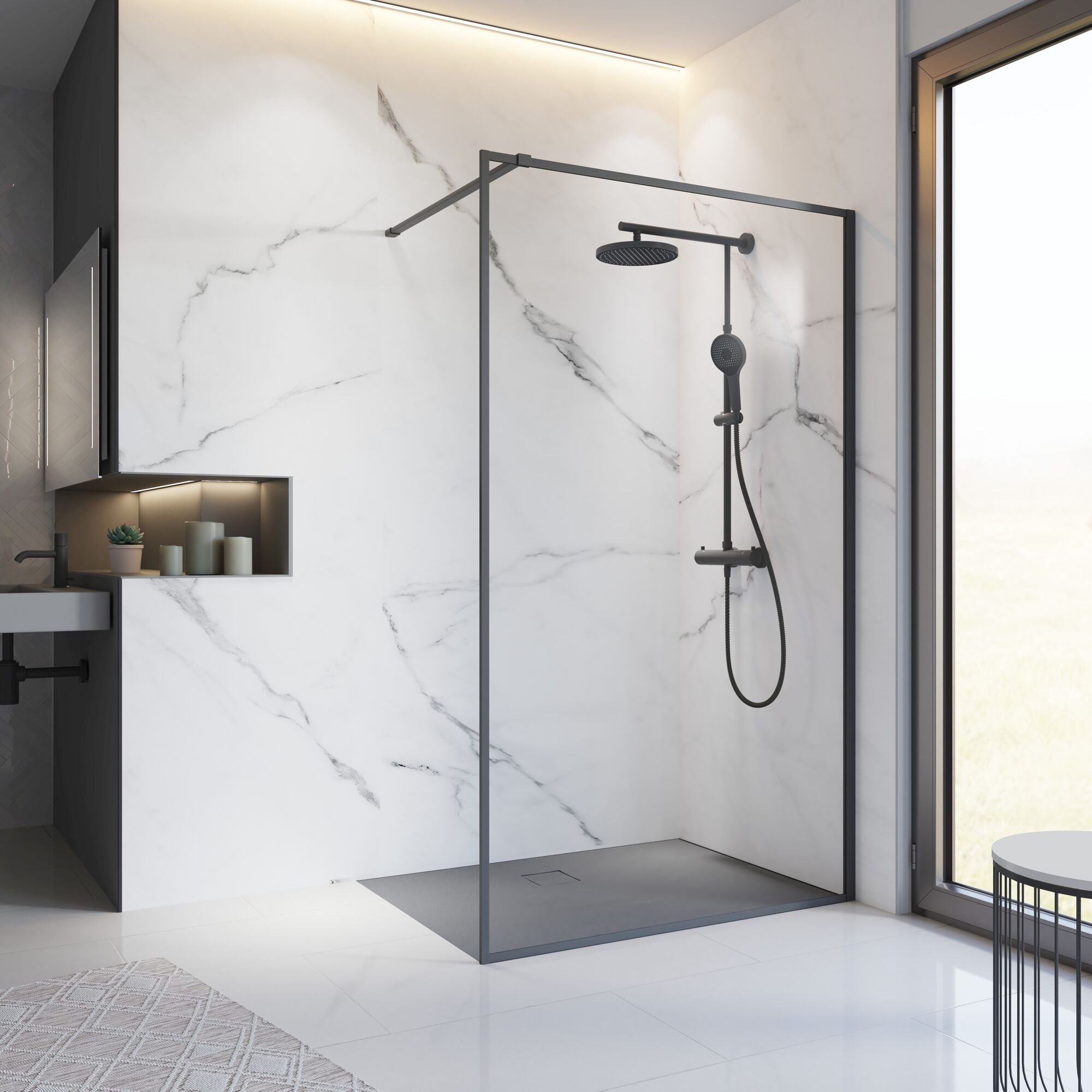 Schulte Duschwand Trend 2.0, Sicherheitsglas, 90 x 200 cm Schwarz Offene Duschkabine