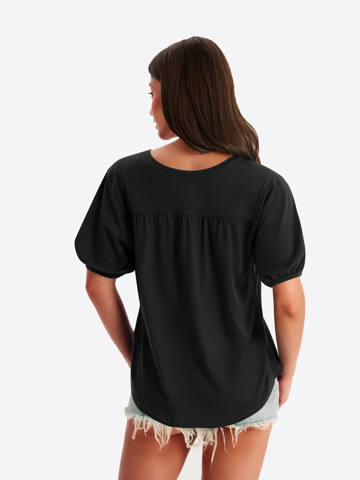 Imily Bela T-Shirt Damen Puffbluse mit V-Ausschnitt (Packung, 1-tlg., 1per-Pack) Bogensaum