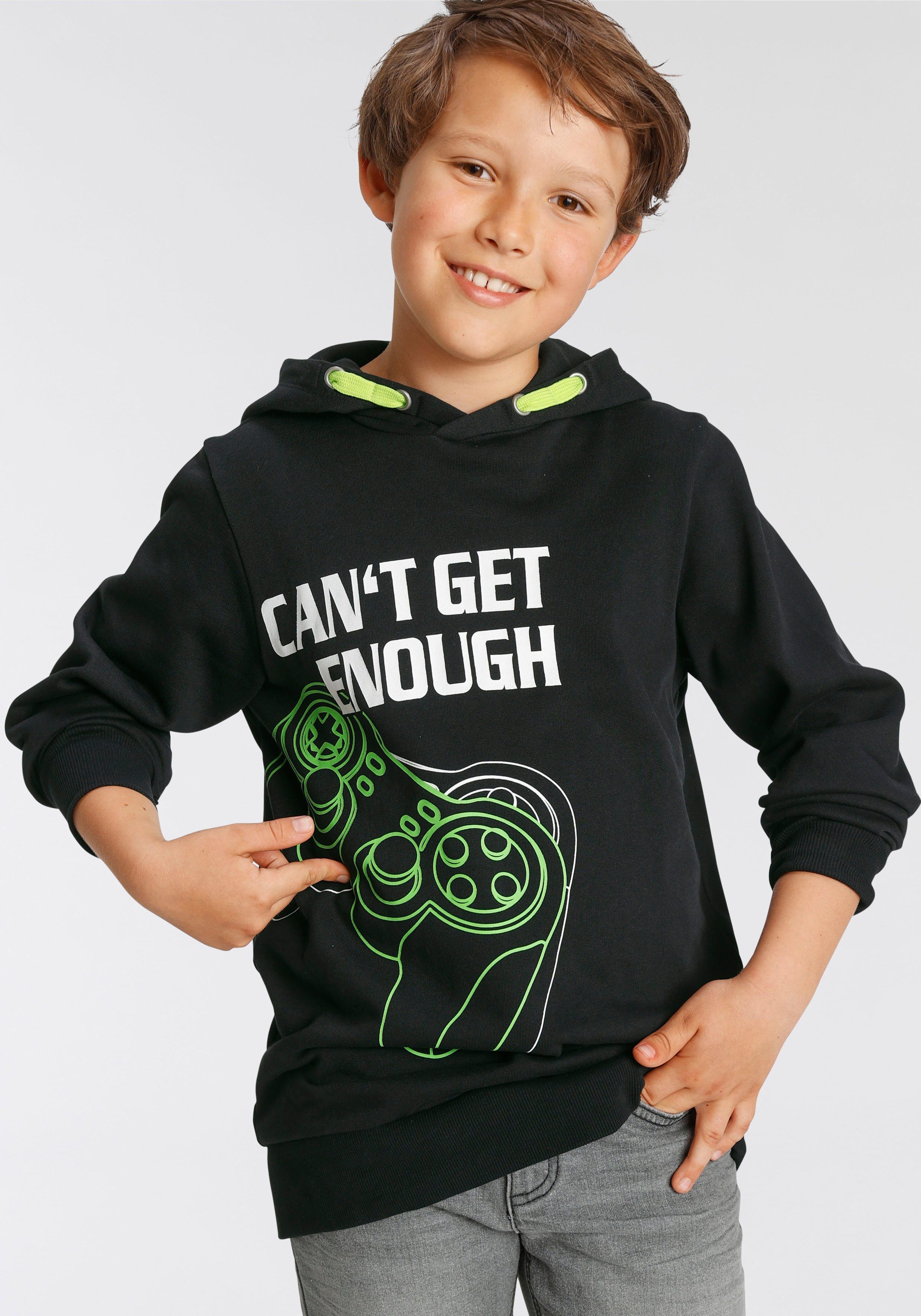 KIDSWORLD Kapuzensweatshirt CAN´T GET ENOUGH - Spruch bedrucktes Design, aus Baumwolle