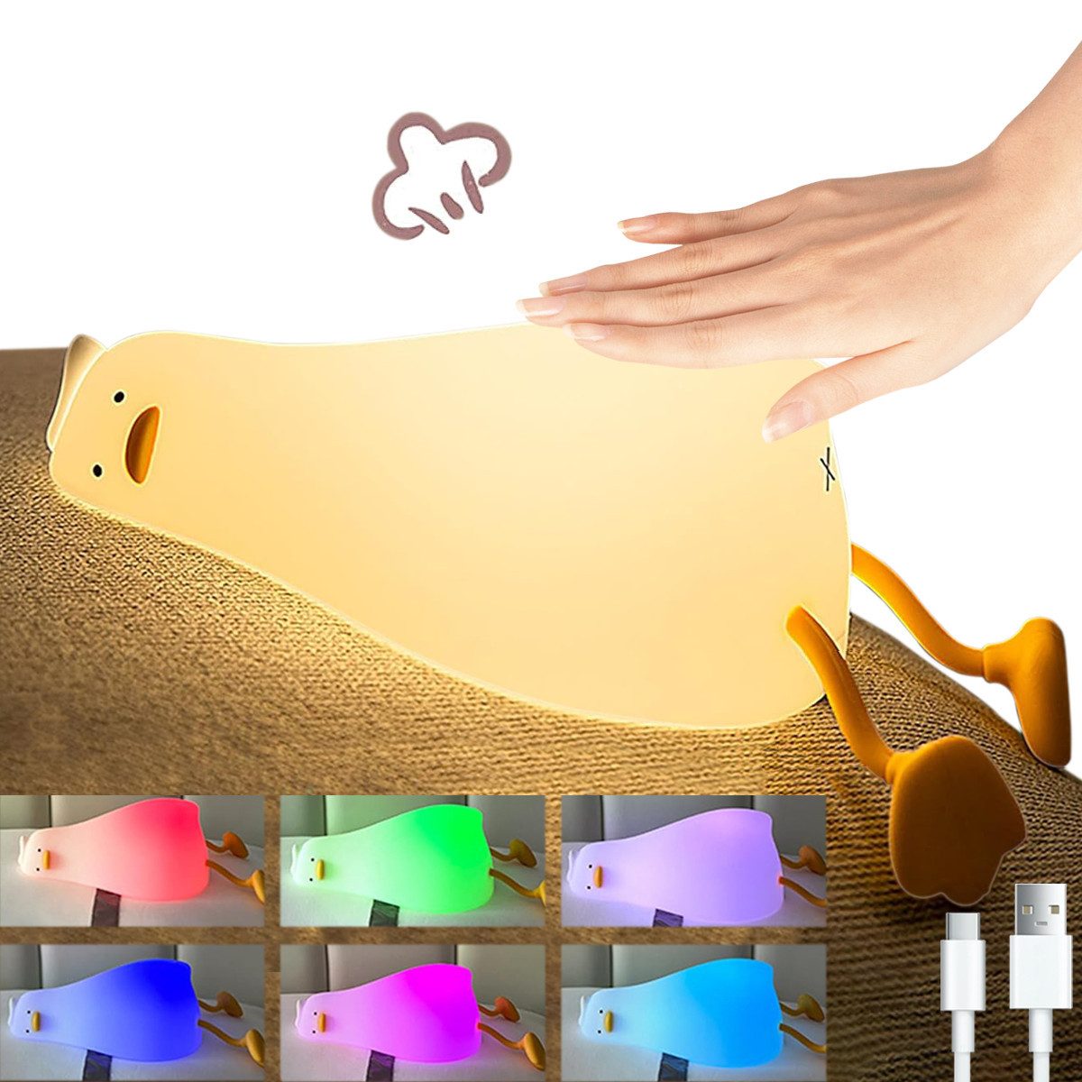 ZEUOPQ LED Nachtlicht LED Nachtlicht LED Baby Silikon Nachtlicht Dimmbare Nachttischlampe, süße Enten-Nachttischlampe, LED fest integriert, warmes Licht/siebenfarbiges Licht, 3 Lichtmodi, mit Timing, Touch&Switch-Steuerung, USB Aufladbare, für Baby,Kinderzimmer,Camping,Geschenk
