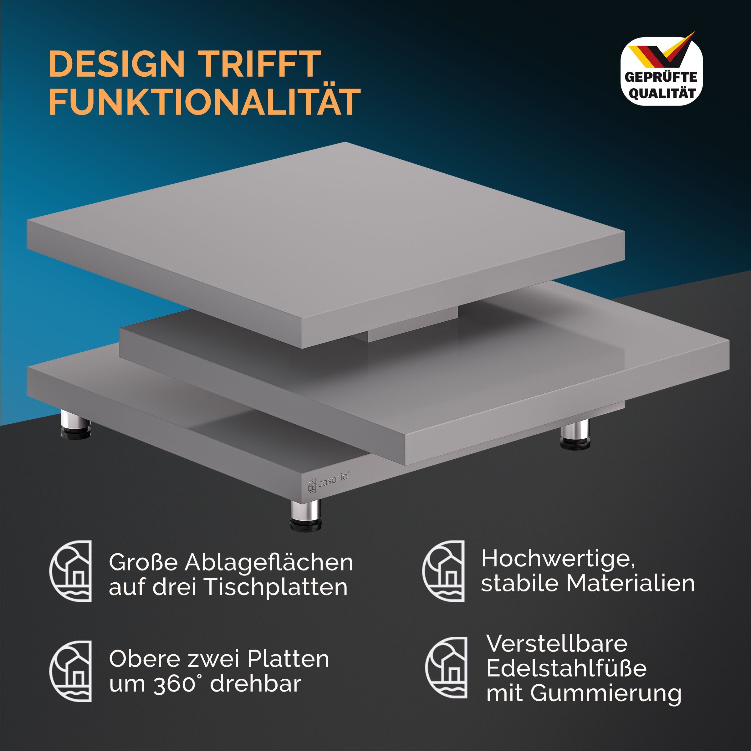 Casaria Couchtisch New York, Holz Grau Hochglanz Höhenverstellbar Modern 3 Ablagen Drehbar 72x72cm
