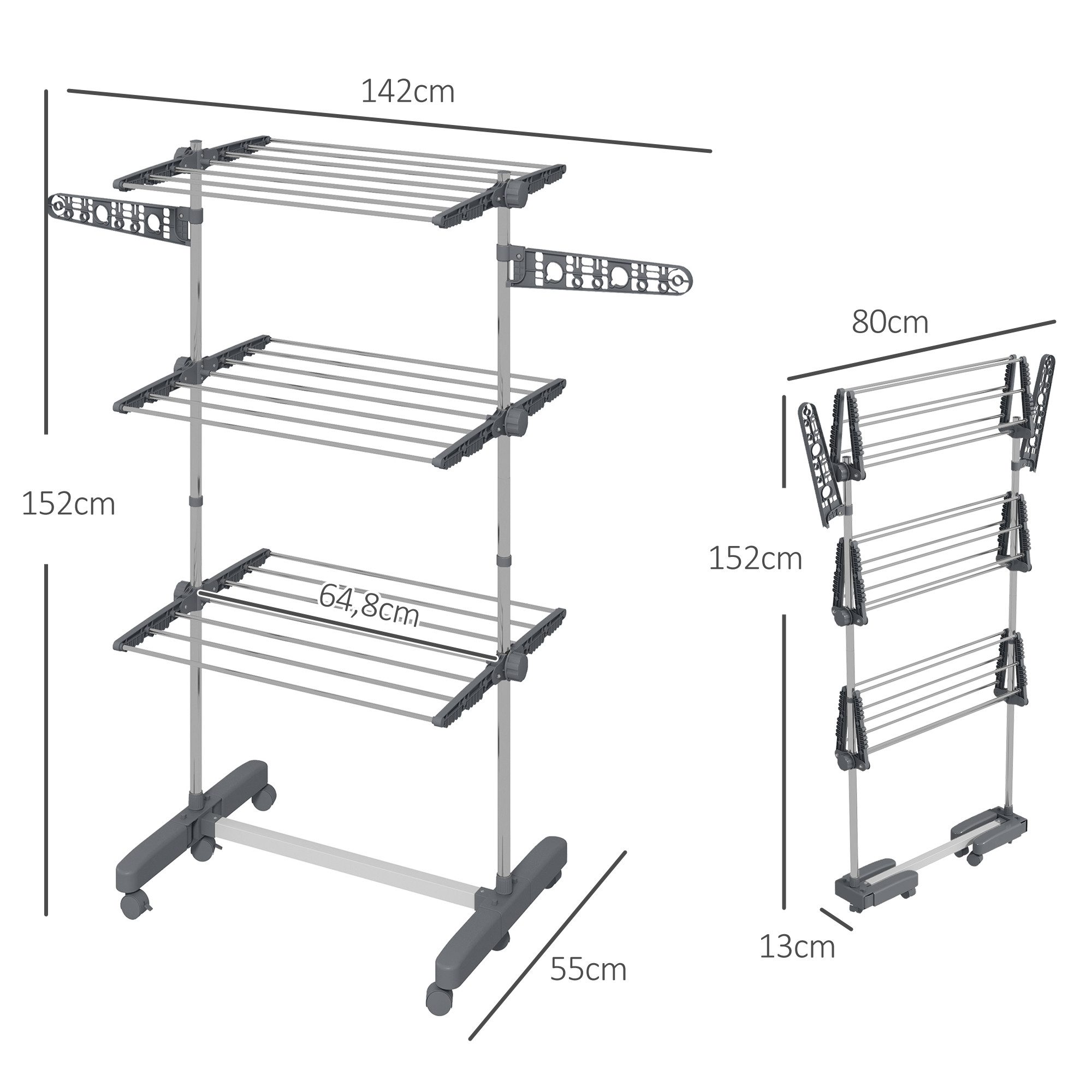 HOMCOM Wäscheständer Turm Standtrockner mit 3 Ebenen, klappbare Flügel, Rollen, für Indoor, Outdoor, Stahl Grau 80,142 x 55 x 152 cm – Bild 3 von 5