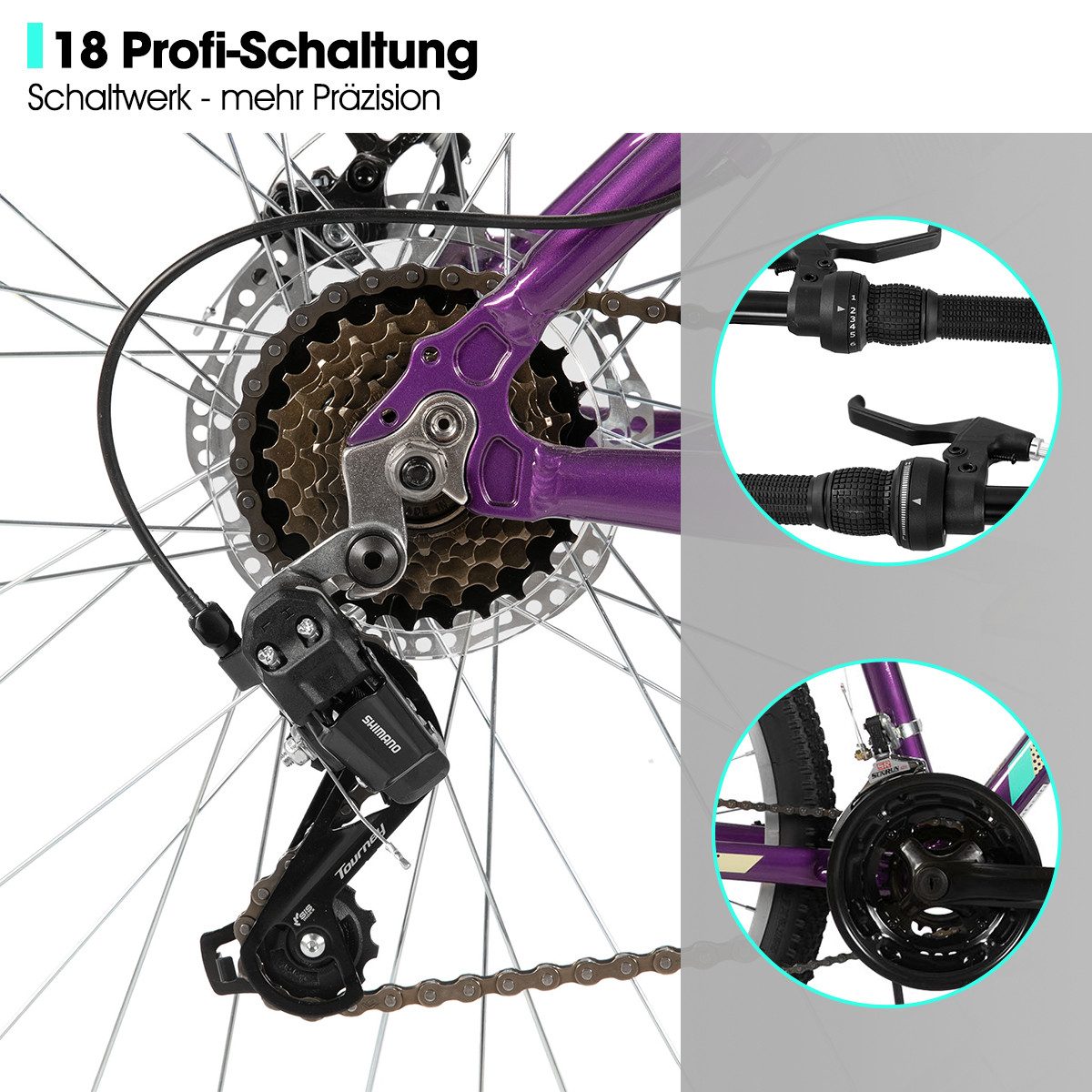 HILAND Mountainbike 26/27,5 Zoll Fahrrad für Erwachsene, MTB für Männer und Frauen, Mit Aluminium Rahmen, 18 Gang,Doppelscheibenbremse Federgabel – Bild 5 von 5