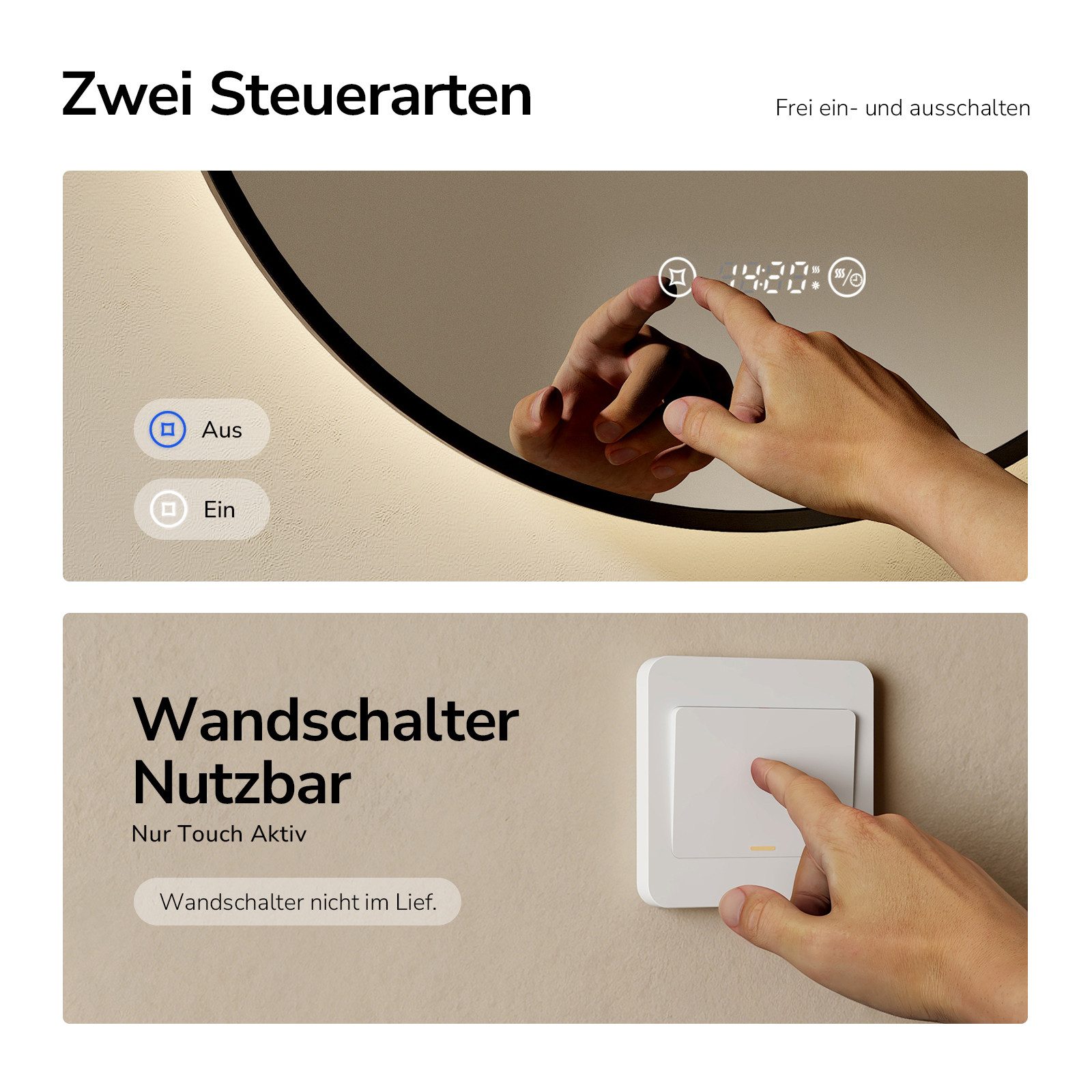 EMKE Badspiegel mit Beleuchtung und Antibeschlag, Uhr & Temperaturanzeige (Touchschalter), Rahmen in Schwarz, Gold gebürstet oder Dunkelgrün