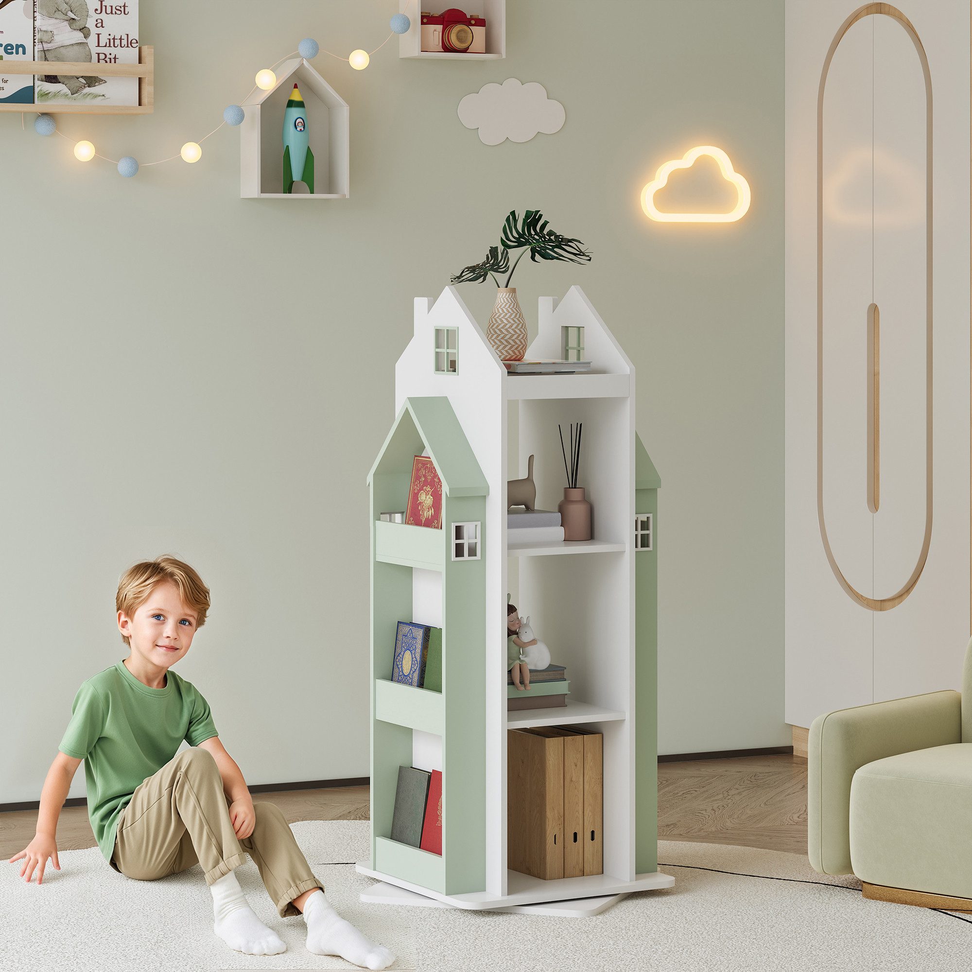 en.casa Kinderregal, drehbar »Vipsali« in Hausdesign 108x40x40 cm Mintgrün/Weiß
