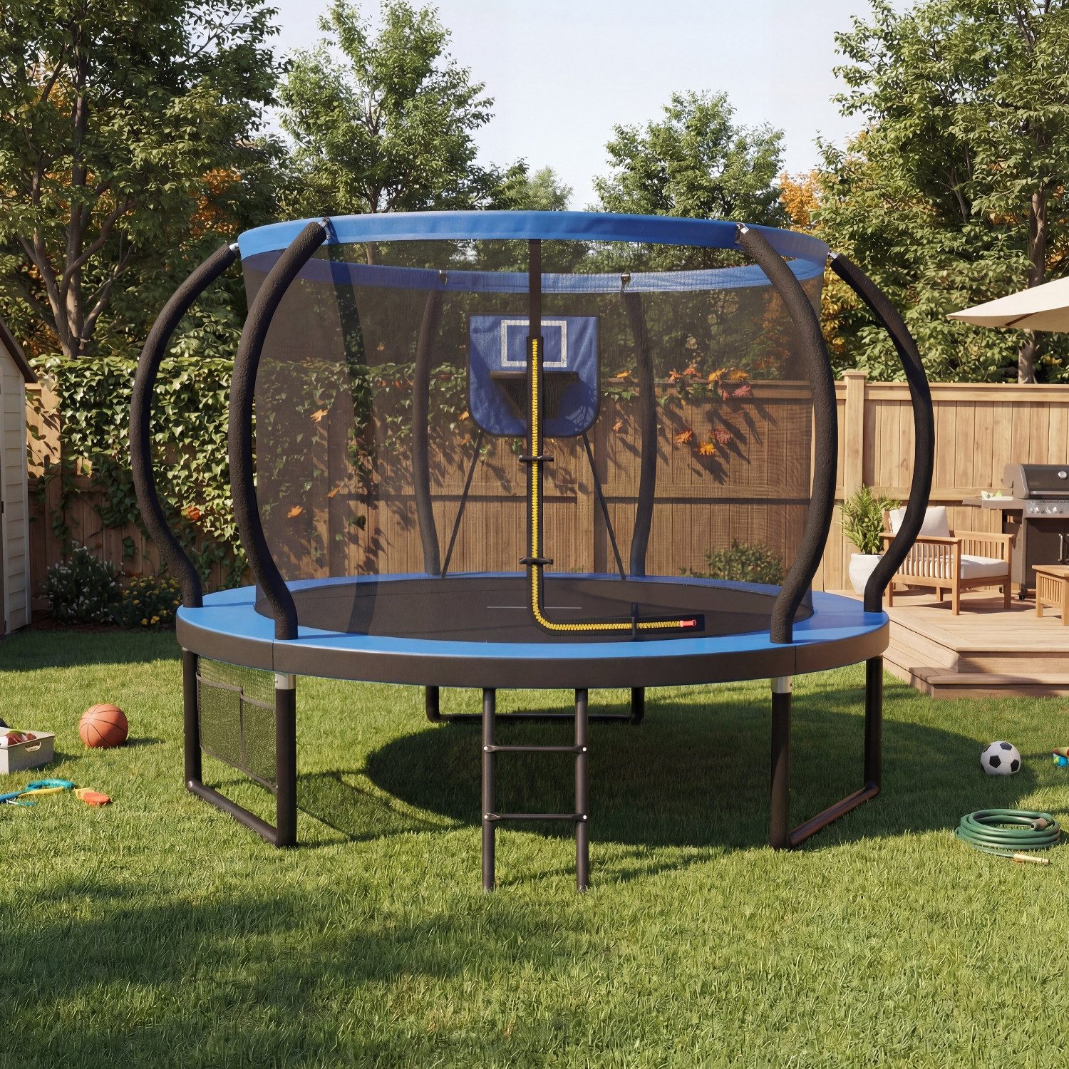 HOMALL Gartentrampolin Basketballkorb-Trampoline, Outdoor-Trampoline, Kindertrampoline, Ø 228 cm, (228/305/366/427 cm, komplett mit Basketball, Pumpe, Sicherheitsnetz, Leiter und 360°-Geländer, maximale Belastbarkeit 150 kg)