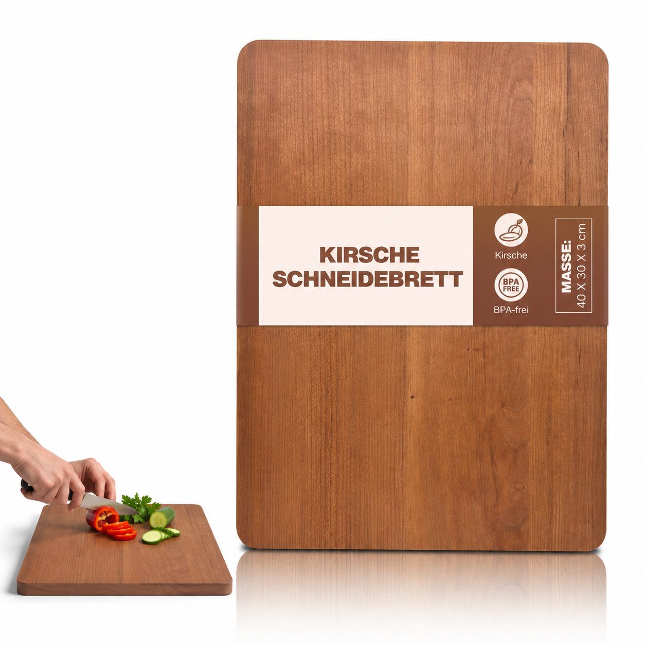 PEGSEN Schneidebrett Premium Küchenbrett Hackblock Holzschneidebrett 40x30x3cm, Massivholz, Kirschbaum, mit rutschfesten Standfüßen, Servierbrett & Tranchierbrett