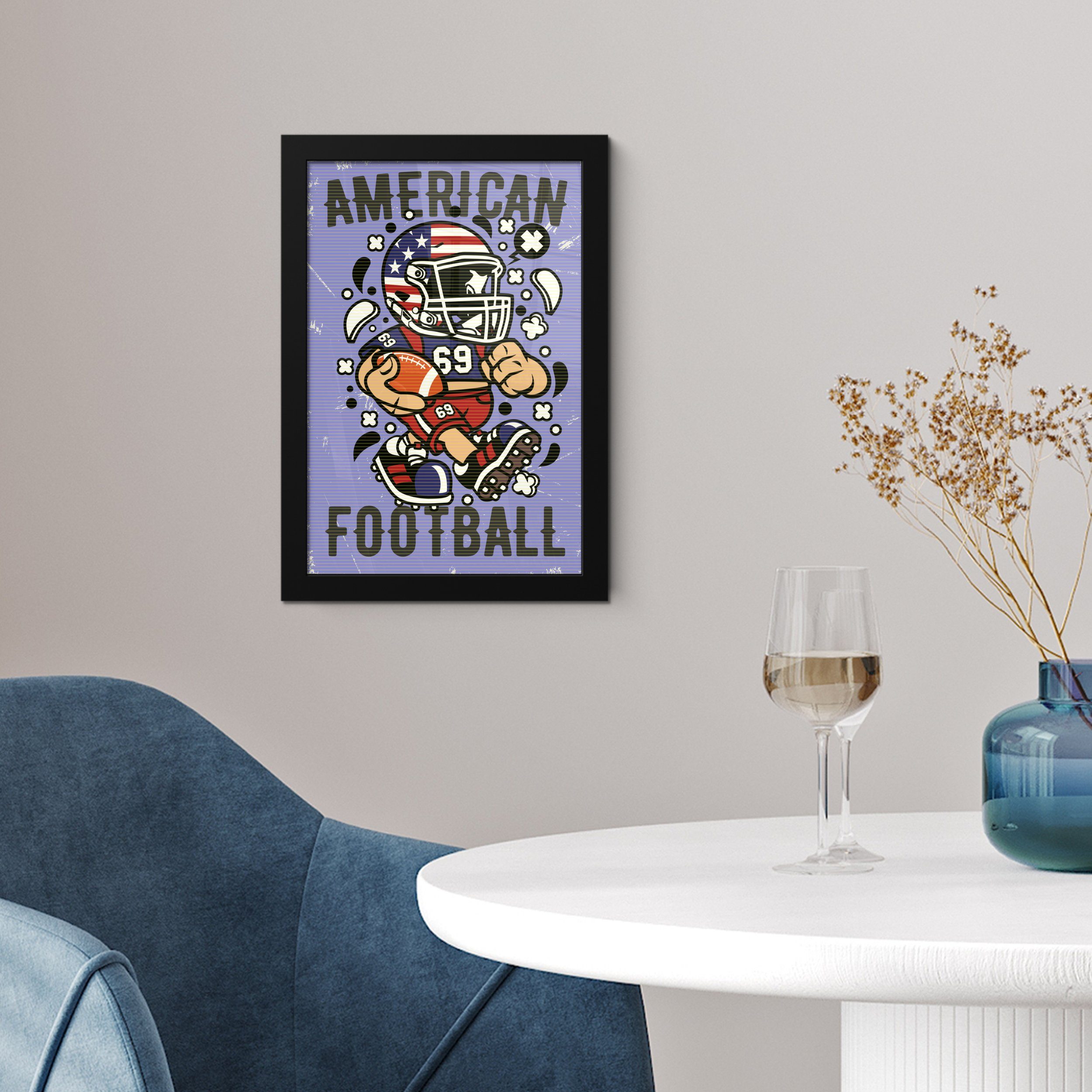 Lila American Gerahmtes St), (1 Wandposter, Schwarzem Football Wanddeko, MuchoWow Poster, Poster Bilder, - Bilderrahmen - Vintage,