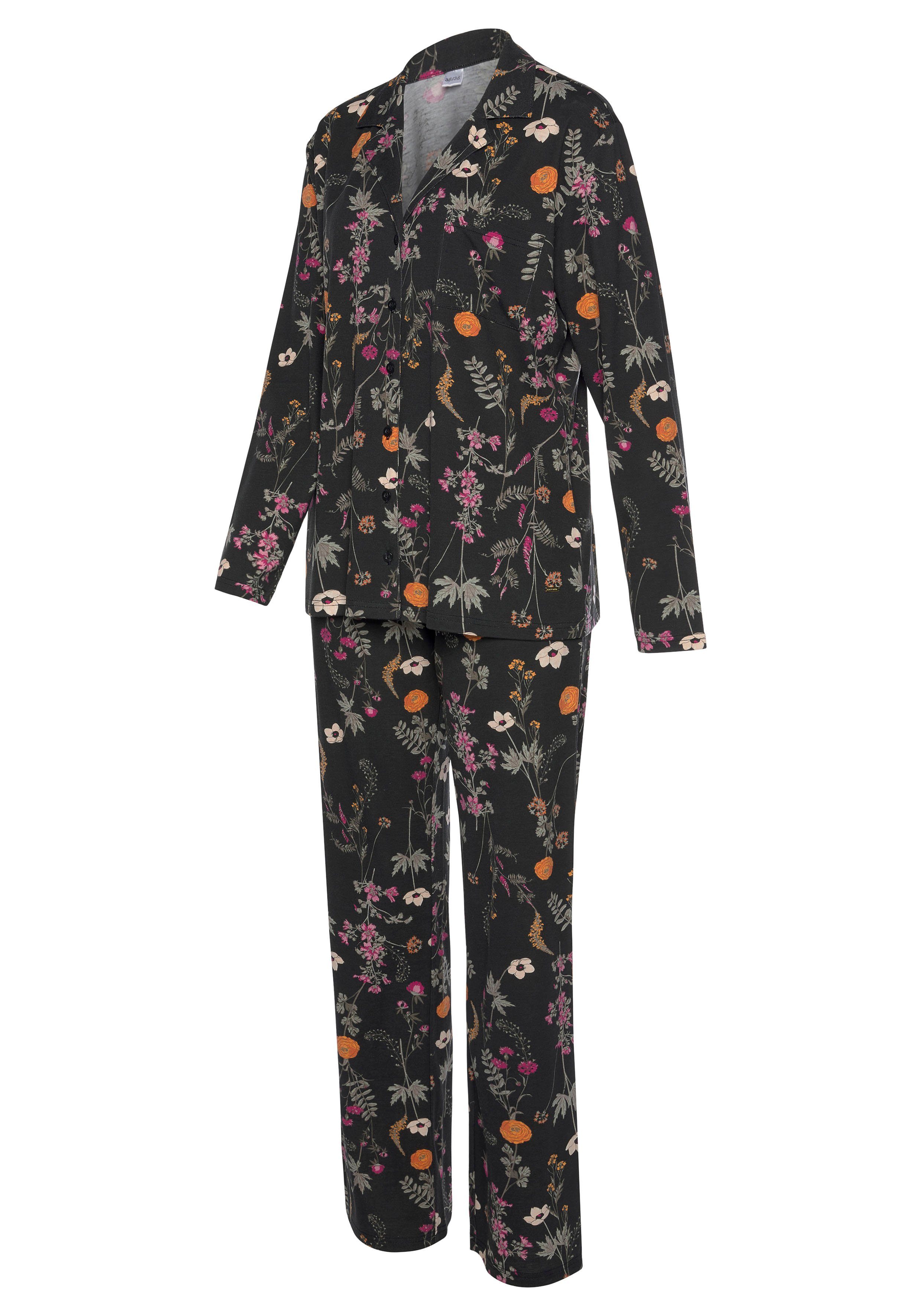 LASCANA Pyjama (2 tlg., 1 schwarz Wildblumen Muster Stück) mit