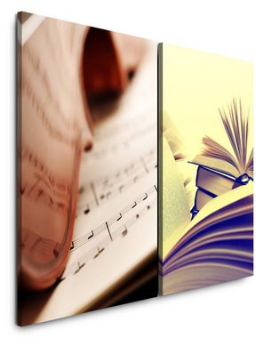 Sinus Art Leinwandbild 2 Bilder je 60x90cm Geige Violine Musiknoten Bücher Klassische Musik Bibliothek