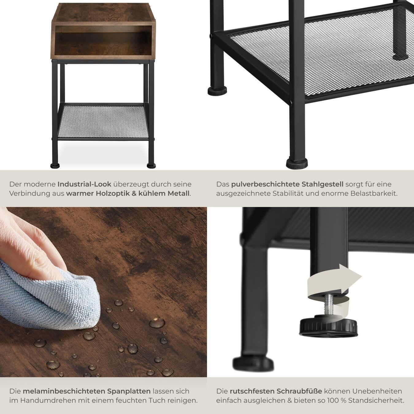 tectake Nachttisch Beistelltisch Harlow 40,5x40,5x59cm (1-St., 3 tlg), Quadratischer Nachttisch im markanten Industrie-Chic