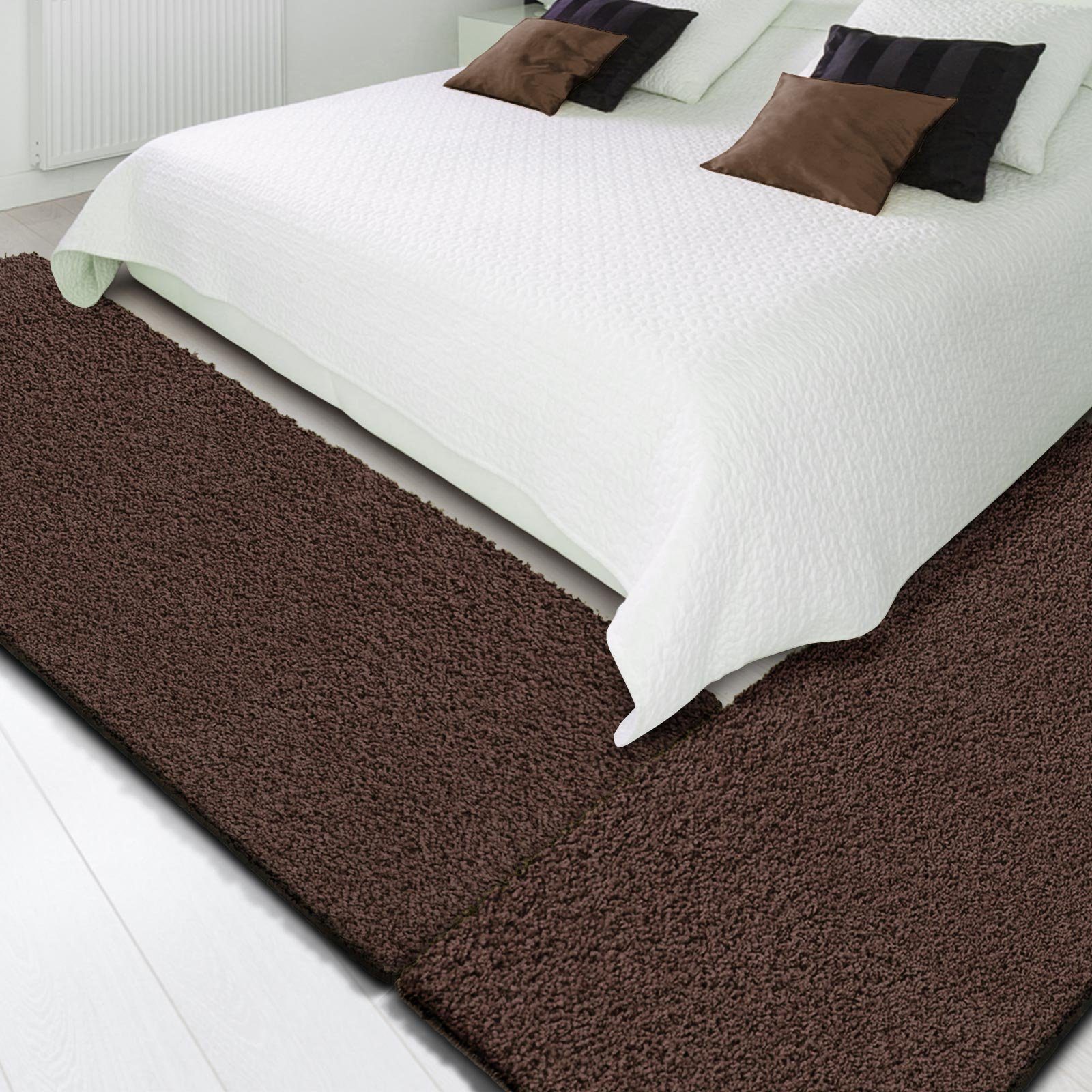 Floordirekt Hochflor-Bettumrandung Barcelona Dunkelbraun, 3 Größen, Teppichläufer, ideal im Schlafzimmer, Höhe 22 mm, (3-tlg), Shaggy