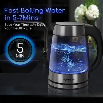 Aigostar Wasserkocher, 1.7 l, 2200,00 W, Glaswasserkocher beleuchtung wasserkocher verdicktes borosilikatglas