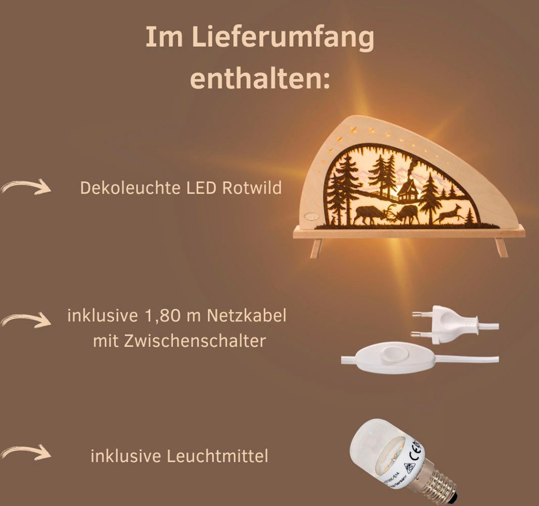 Weigla LED Lichterbogen Rotwild, Holz Schwibbogen, Dekoleuchte, Herbstdeko, Made in Germany (1-tlg), Erzgebirge garantiert, Weihnachtsdeko Innen, Weihnachtsbeleuchtung