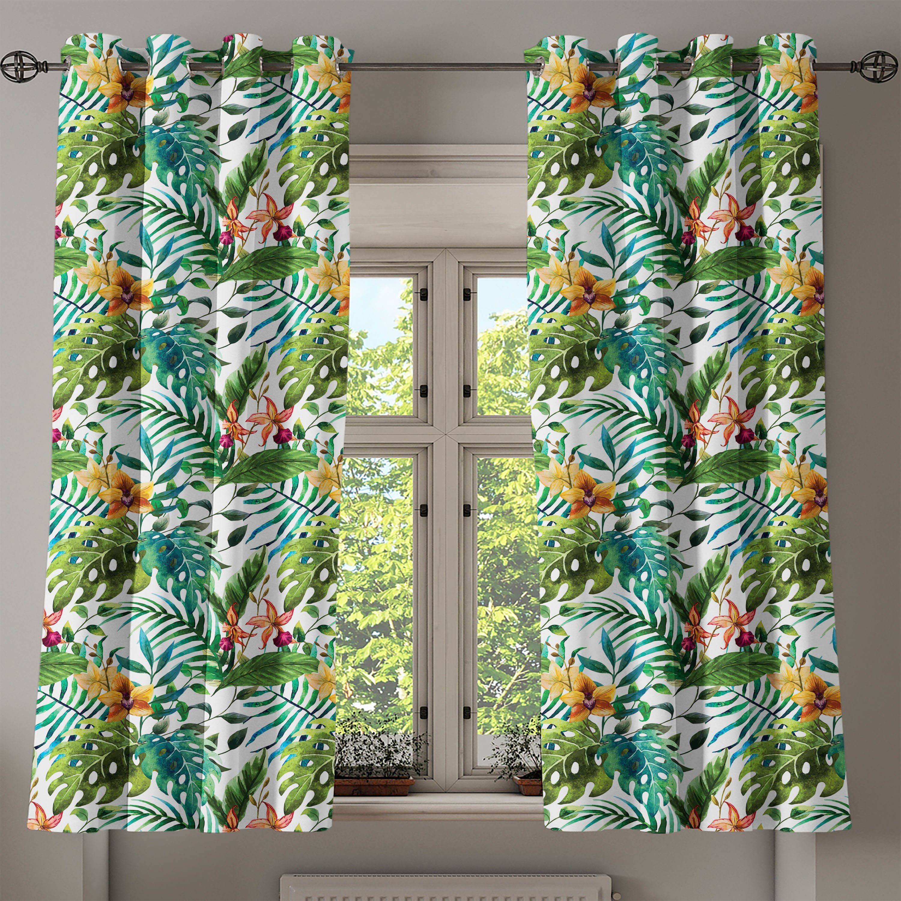 Blatt Palme Wohnzimmer, Gardine Hibiscus Abakuhaus, Blumen 2-Panel-Fenstervorhänge Schlafzimmer für Dekorative