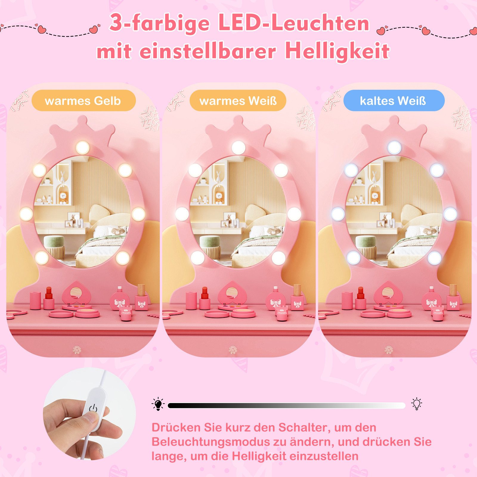 COSTWAY Schminktisch Kinderschminktisch mit Hocker, mit LED Beleuchtung günstig online kaufen