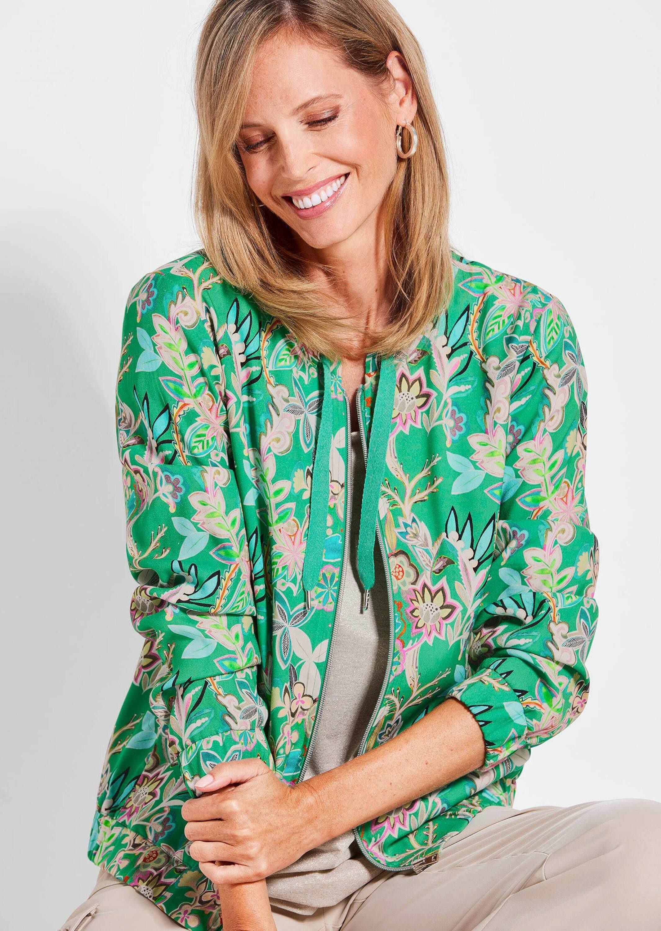 GOLDNER Outdoorjacke Floraler Damenblouson mit Reißverschluss Sportlicher Blouson mit Rundhals und Gummibündchen