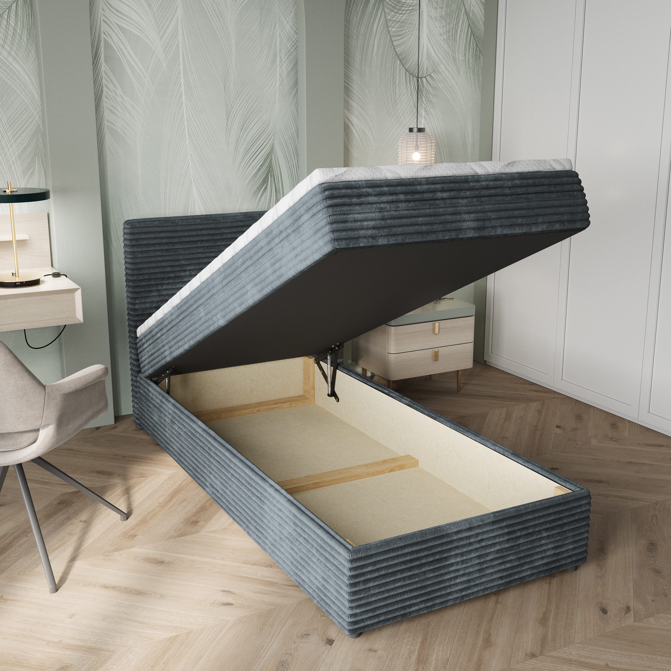 Masseno Boxbett PISA 100x200 cm mit Bonell Matratze und Topper, Einzelbett, Jugendbett, Polsterbett mit Kopfteil, Boxspringbett – Bild 4 von 5