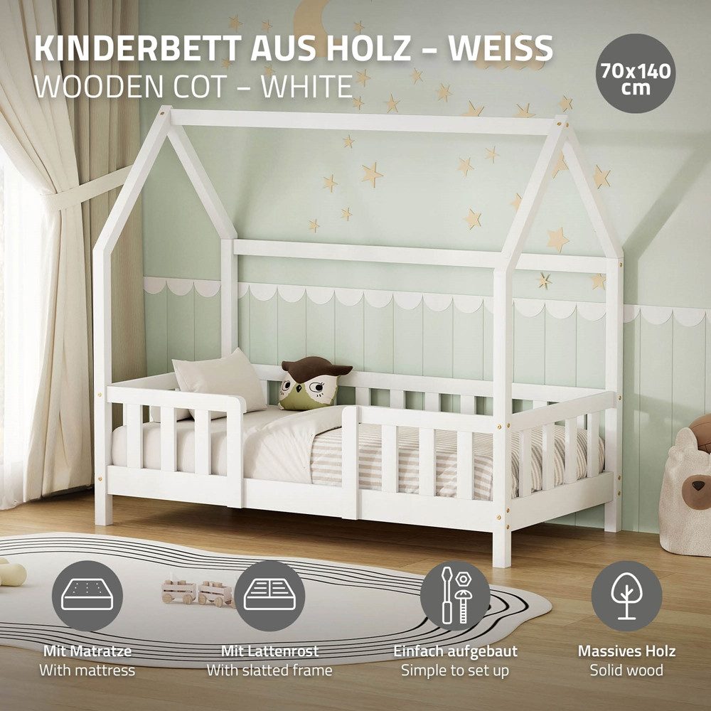 ML-DESIGN Spielbett Hausbett Kinderbett inkl. Lattenrost kreativ Bodenbett für Kinder, Abenteuerbett mit Matratze H-10 cm 70x140cm Holzbett Weiß Bettgestell