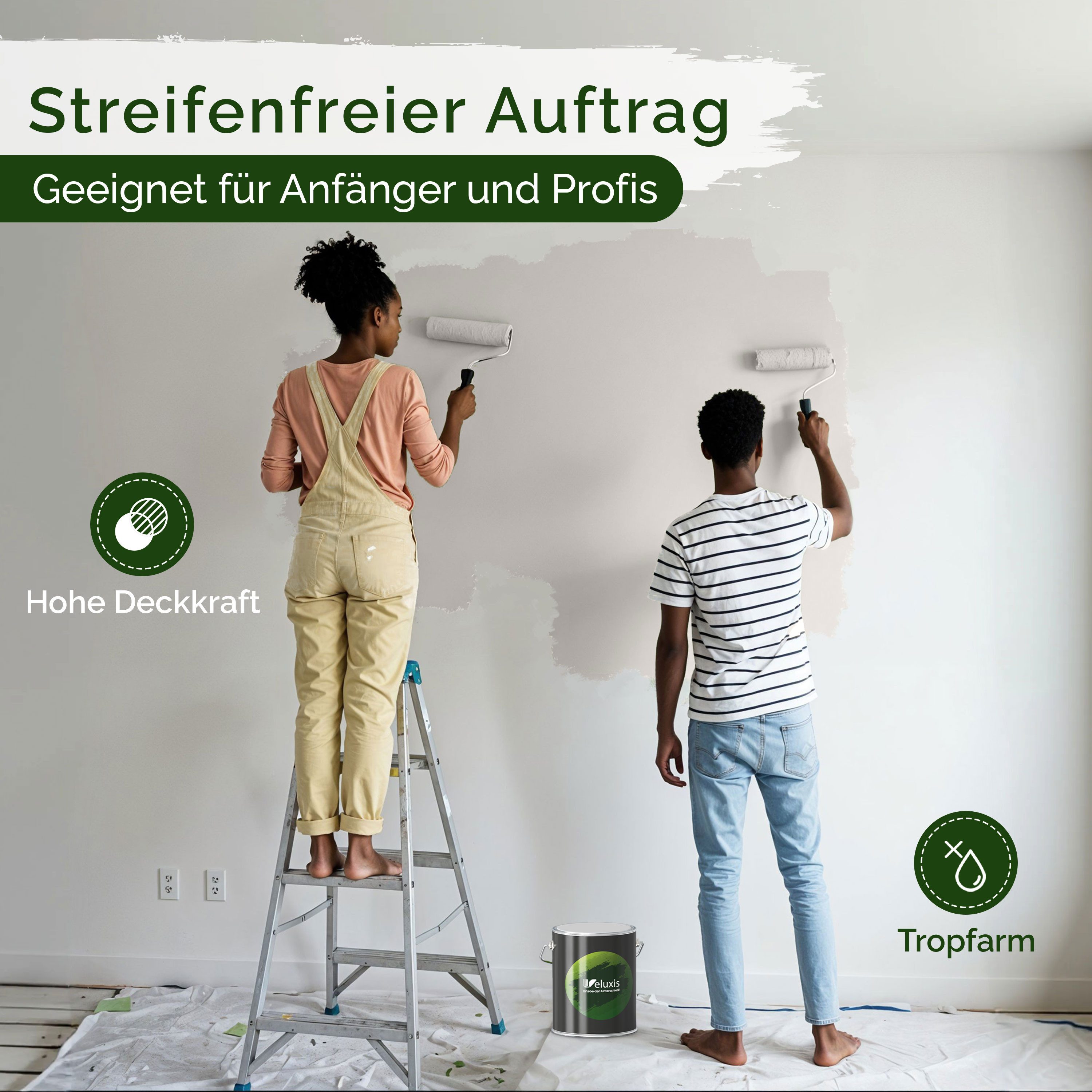 Veluxis Wandfarbe Veluxis® Edle Wandfarbe, für den Innenraum - Deckkraft-Klasse 1, Streifenfrei & tropfarm