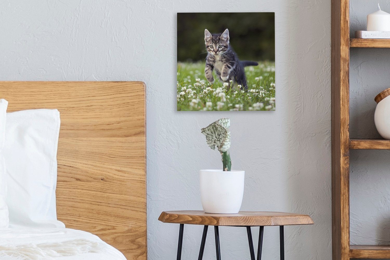 OneMillionCanvasses® Leinwandbild Wohnzimmer Ein Bilder in Schlafzimmer Kätzchen (1 Leinwand einem Kleefeld, St), für