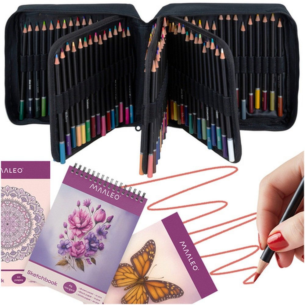 MAALEO Buntstift Zeichenset Skizzenbuch 120 Farben, (Set, 120-tlg., ausmalen), All-in-One-Kunstset für Kinder, Jugendliche und Erwachsene