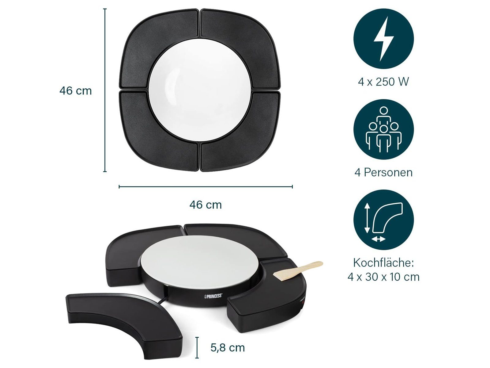 PRINCESS Teppanyakigrill, 1000 W, Japanischer Elektro Tischgrill für 2-4 Personen Grillplatte 30x10cm