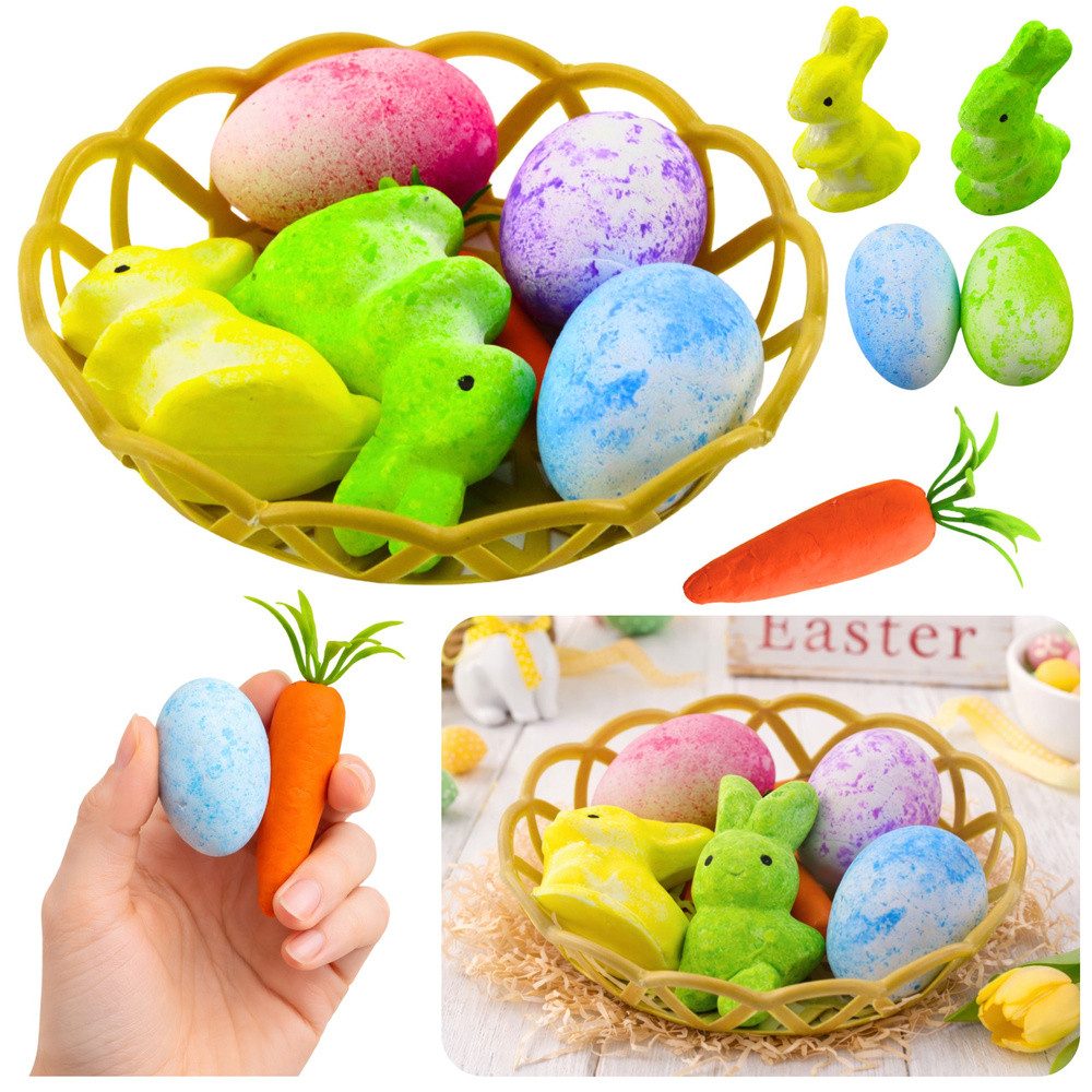 LEAN TOYS Dekofigur Osterdeko im Korb, Hasen, Eier, Karotten, 6 Stk (Spar-Set, 6 St)
