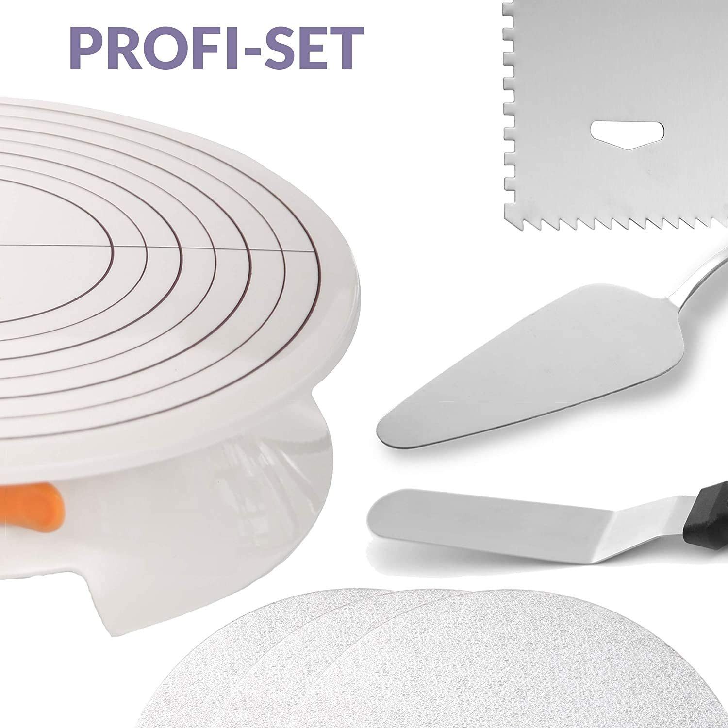 Praknu Tortenplatte Tortenplatte Drehbar Set 5 - teilig - 30cm Drehteller - rutschfest, Plastik-Edelstahl, (Set), 5-teilig - 30cm Drehteller - rutschfest - Zum Dekorieren und Verzieren
