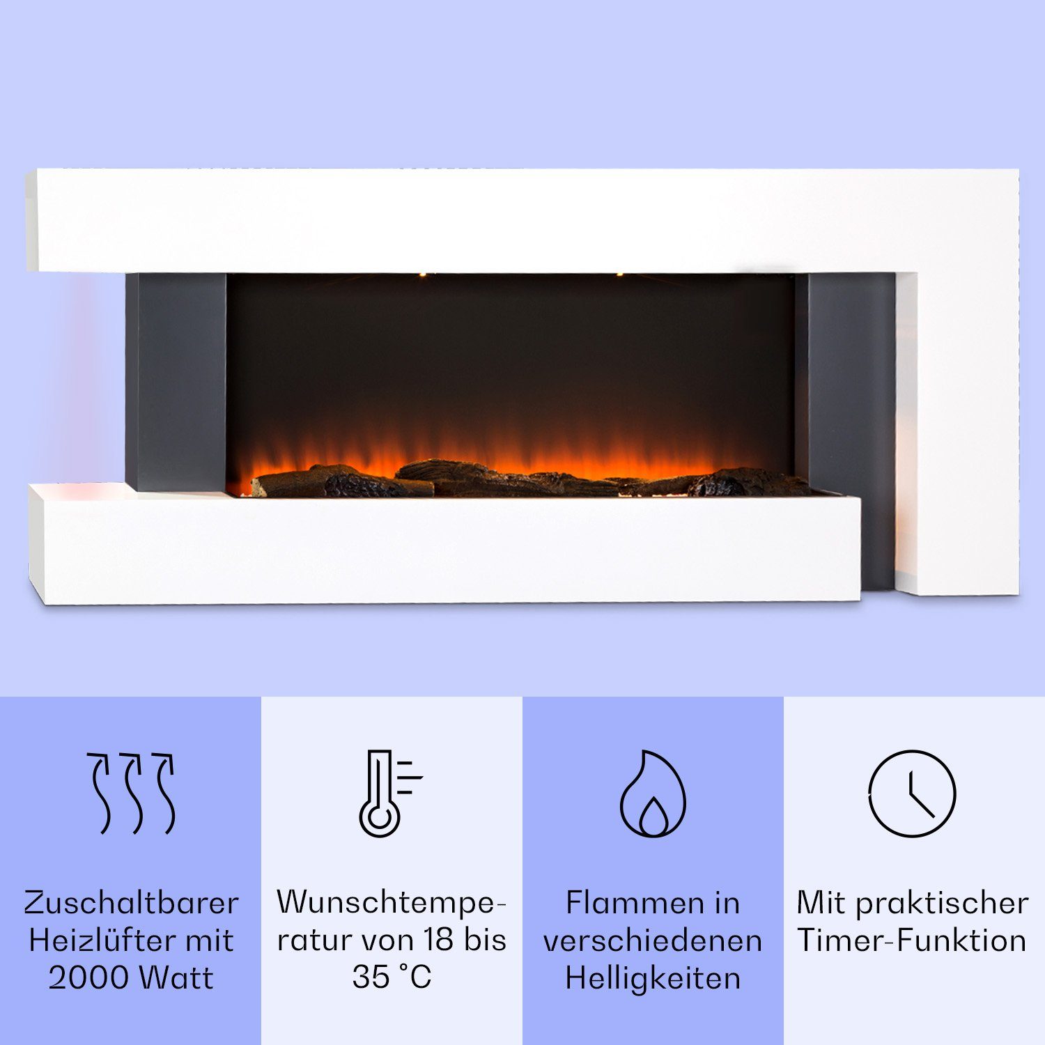Klarstein Elektrokamin Studio Light & Fire, elektrischer Kamin mit Heizfunktion Heizlüfter elektrischer Kaminofen
