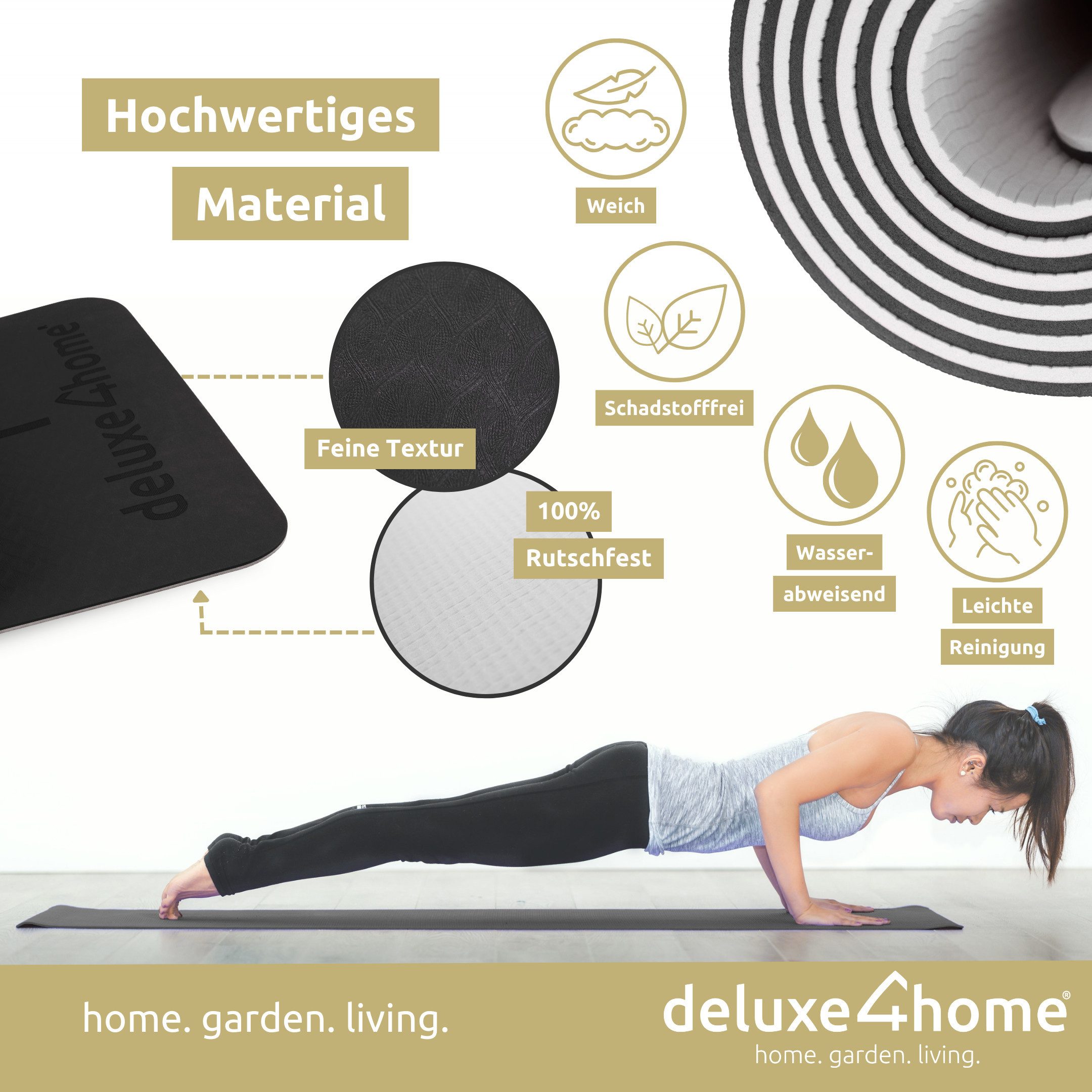 deluxe4home Yogamatte Gymnastikmatte mit Ausrichtungslinien I Turnmatte Fitness Matte, inkl. Tragegurt