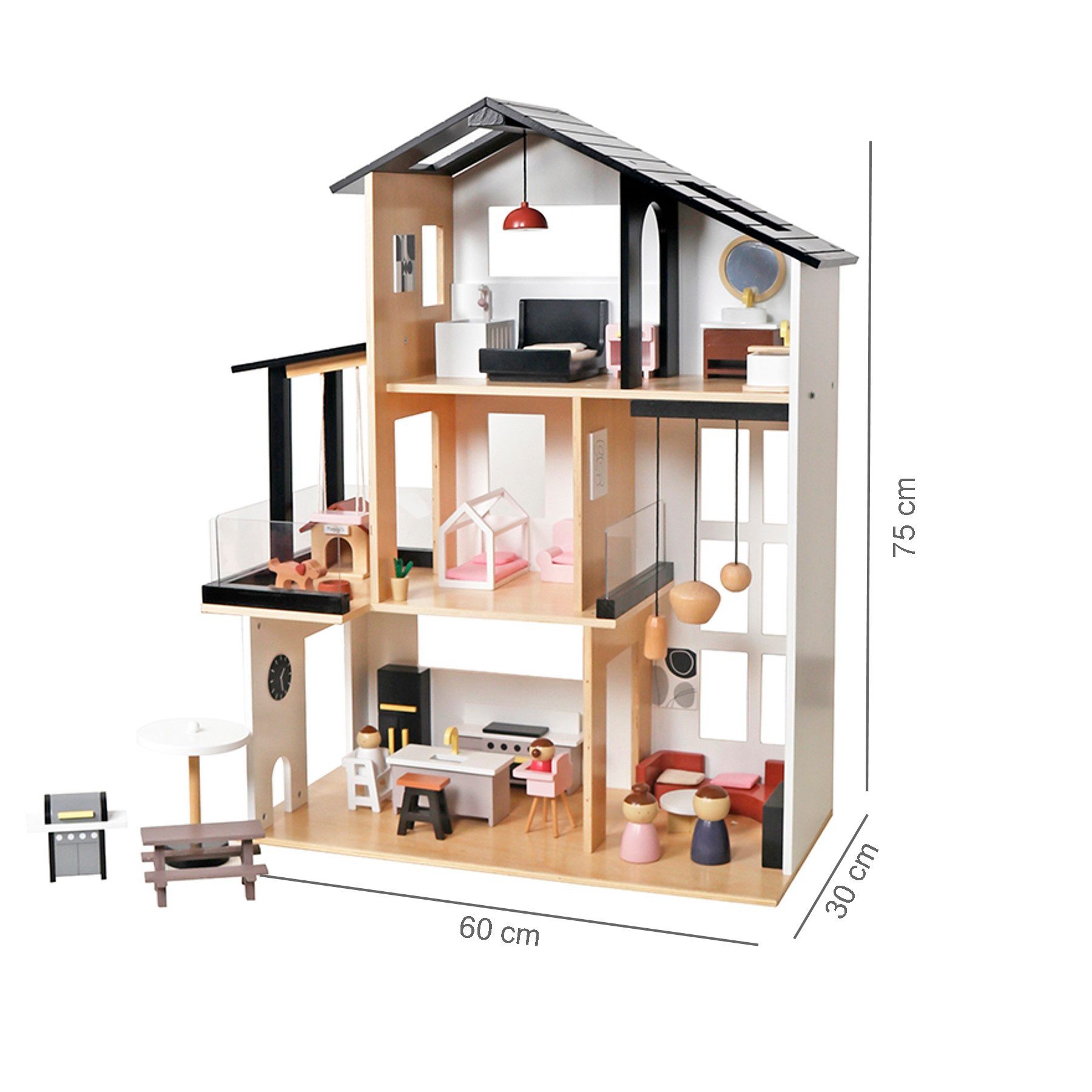 TikTakToo Puppenhaus Moderne Stadtvilla aus Holz mit 49 TLG. Möbelset, 3 Etagen, (49-tlg), incl. Balkon mit Hund, Hundehütte und Grillplatz