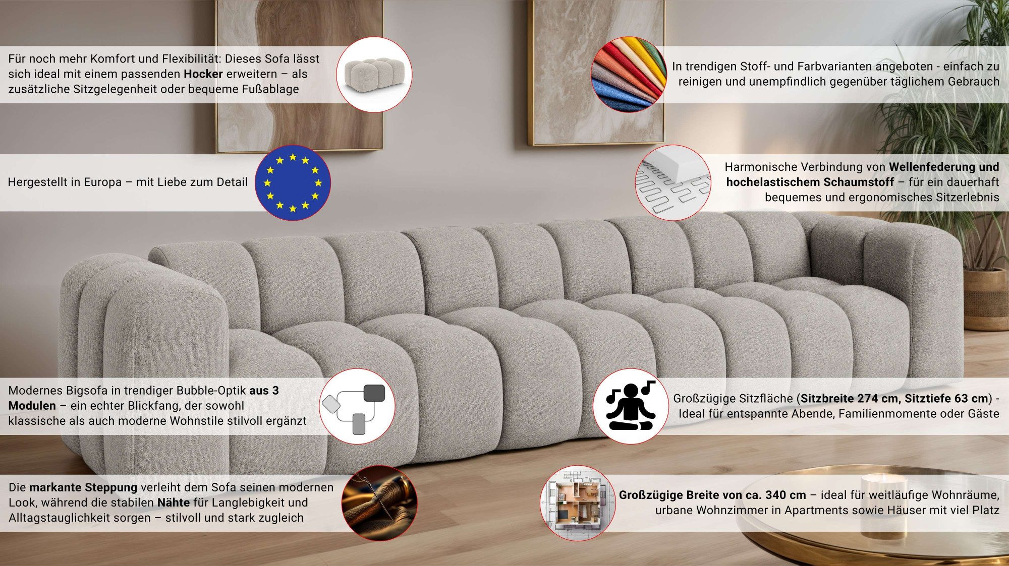 OTTO home Big-Sofa XL KALLIE Design-Sofa mit Steppung, Bubble-Optik, Breite 340 cm, moderne Steppung, hoher Sitzkomfort und modernes Design