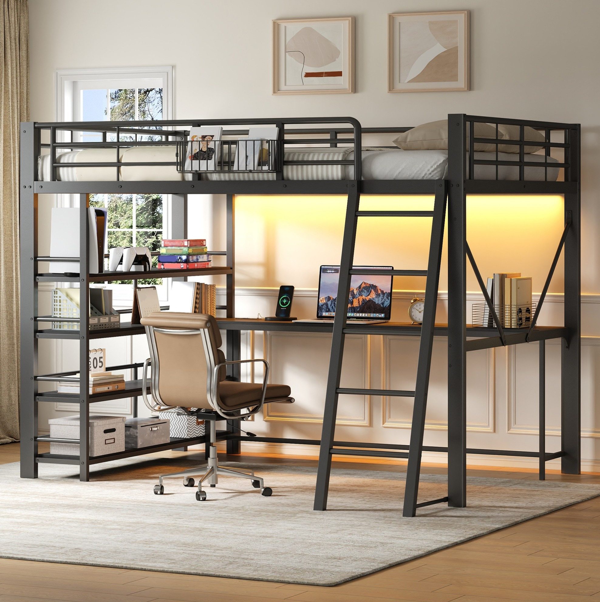 OKWISH Hochbett Erhöhtes Bett mit USB-Ladestation und LED Beleuchtung Design (Packung, 1-St., Schlafplatz mit Staufächern und Aufbewahrungskorb ohne Matratze) 140x200 cm Etagenbett Schwarz aus Metall mit Schreibtisch