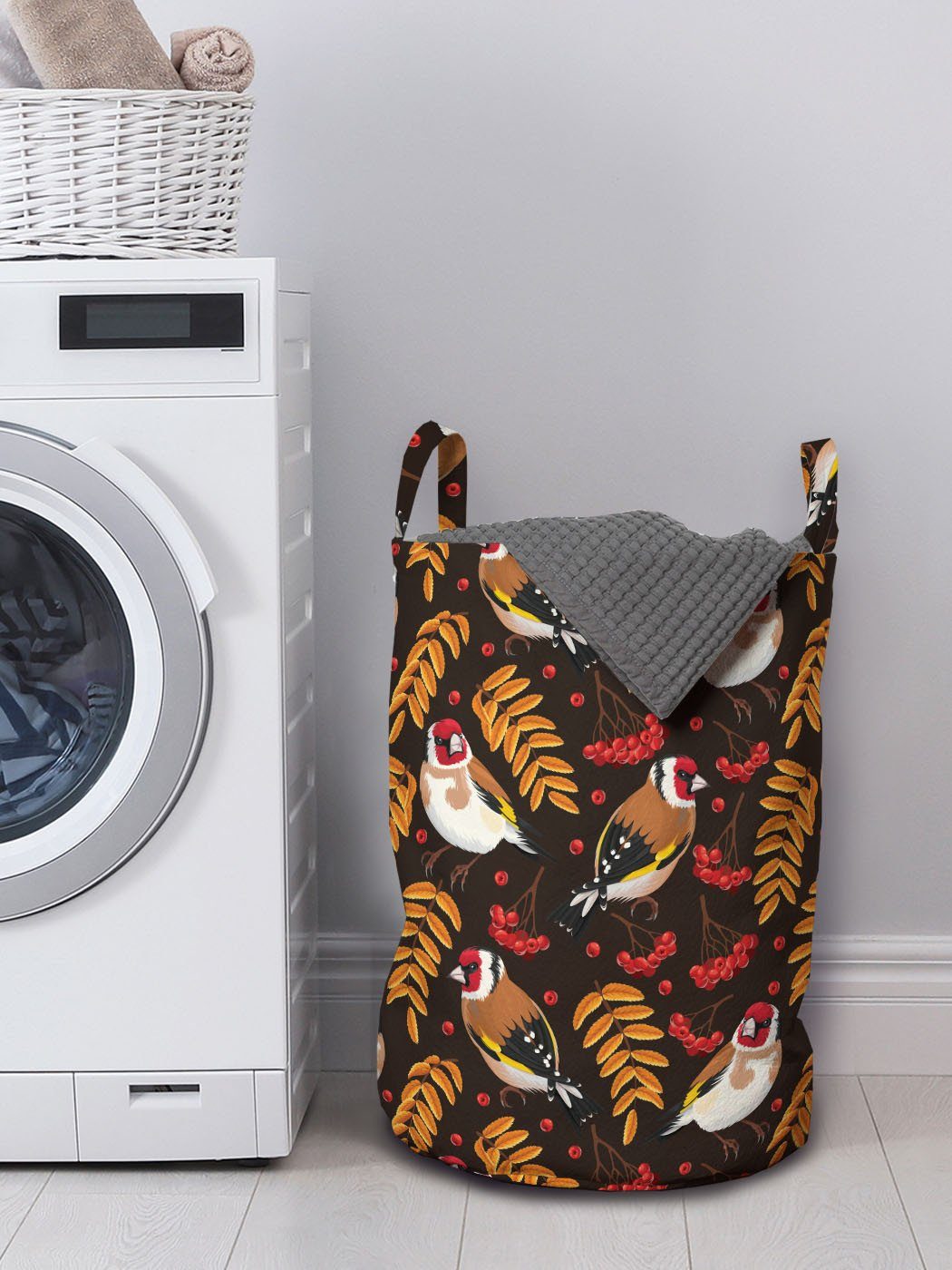 mit Wäschesäckchen Vögel Kordelzugverschluss Waschsalons, Pattern für Stieglitz Wäschekorb Berry Abakuhaus Griffen