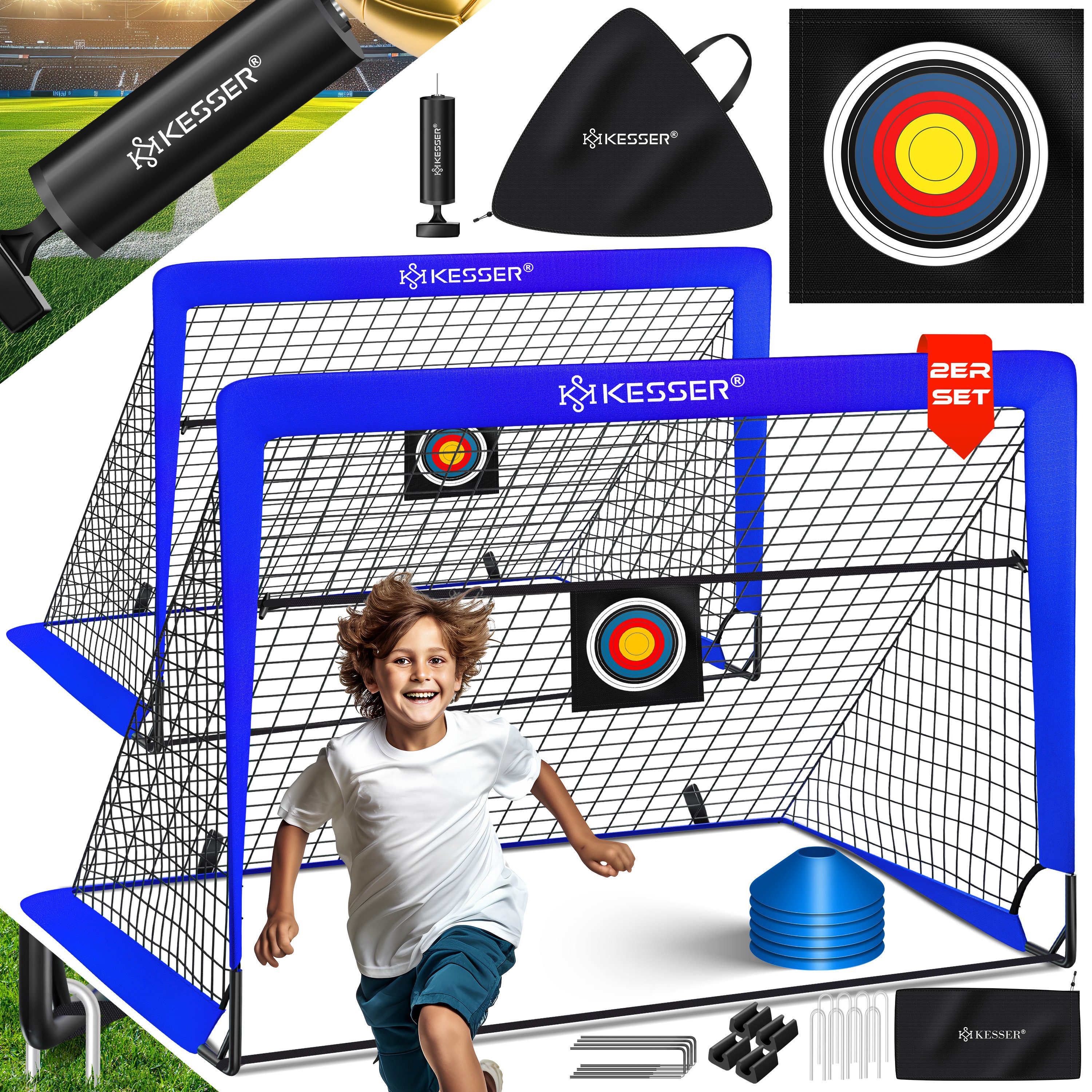 KESSER Fußballtor Set mit Tragetasche, Heringen, Zielscheibe, Hütchen & Pumpe, Pop-Up Tor mit Anti-Rutschfüßen – ideal für Training & Freizeitspiele