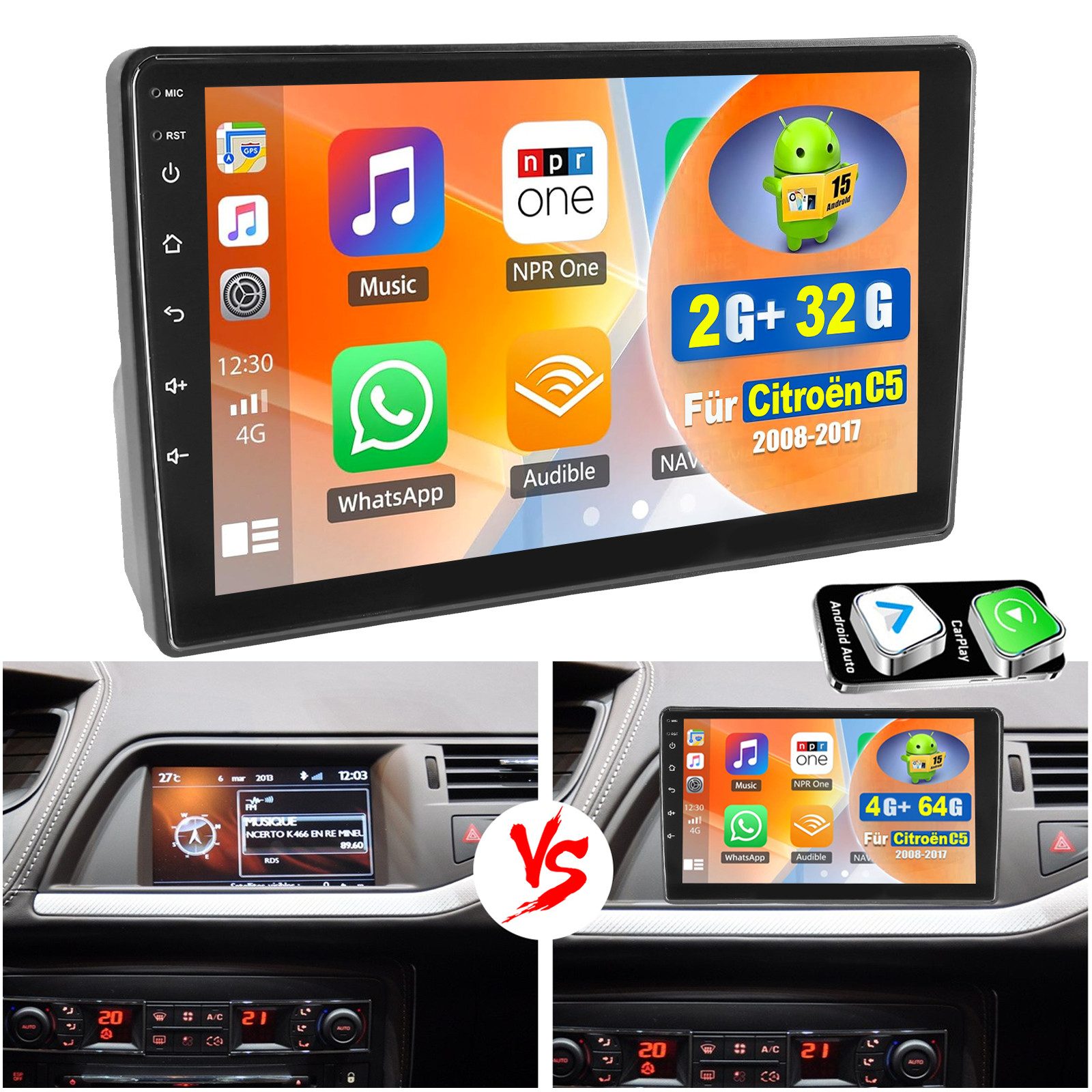 ESSGOO Für Citroen C5 II 2008-2017 CarPlay Android 15 Autoradio DSP GPS WIFI Autoradio (DAB (optional), DAB+ (optional), 4+64GB(optional), RDS, AM, FM, Carplay Android Auto Bluetooth EQ USB GPS Navi DAB (optional)