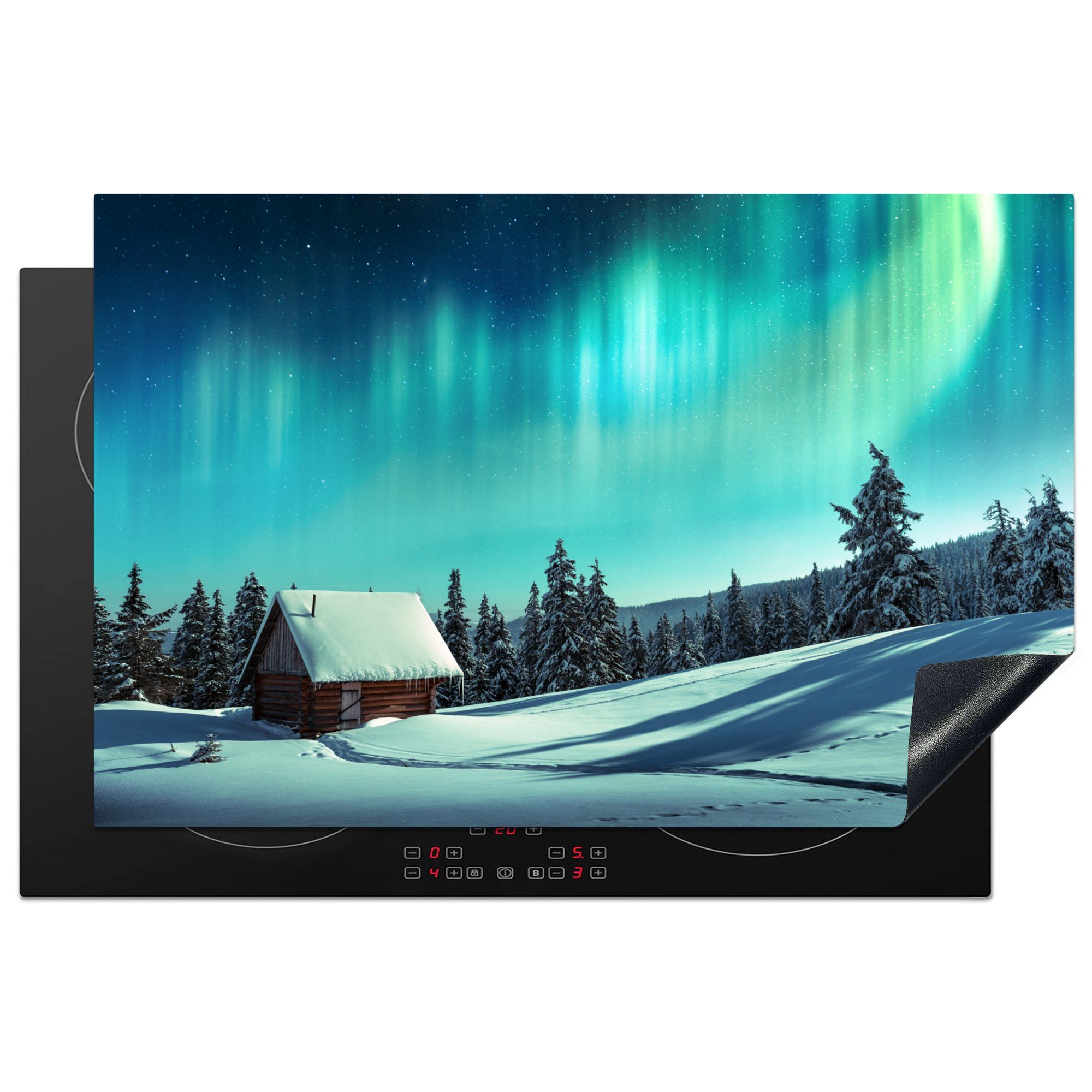 MuchoWow Herdblende-/Abdeckplatte Nordlichter - Schnee - Haus - Winter, Vinyl, (1 tlg), 81x52 cm, Induktionskochfeld Schutz für die küche, Ceranfeldabdeckung